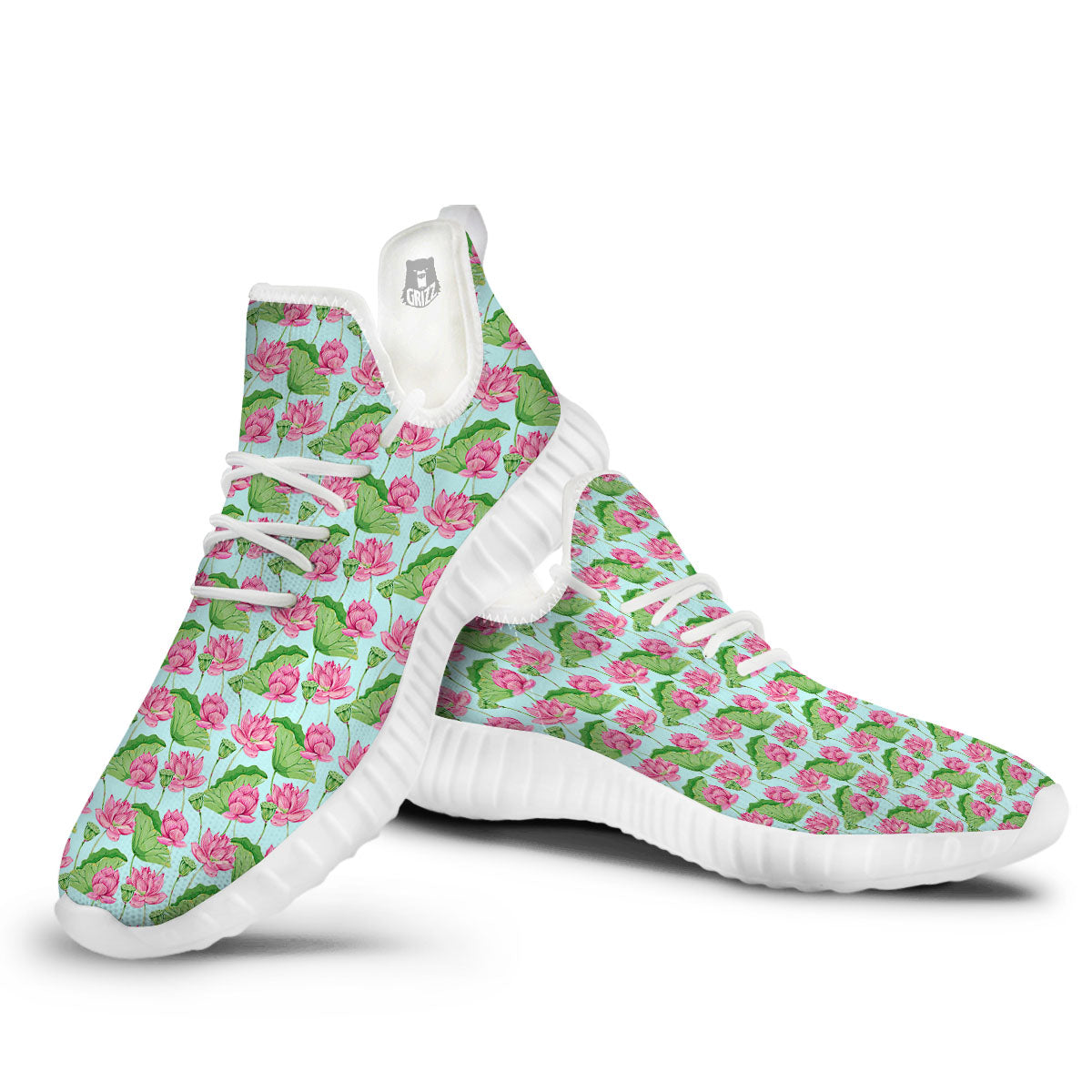 Lotus Leaf And Flower On The Water Print Pattern White Walking Shoes-grizzshop