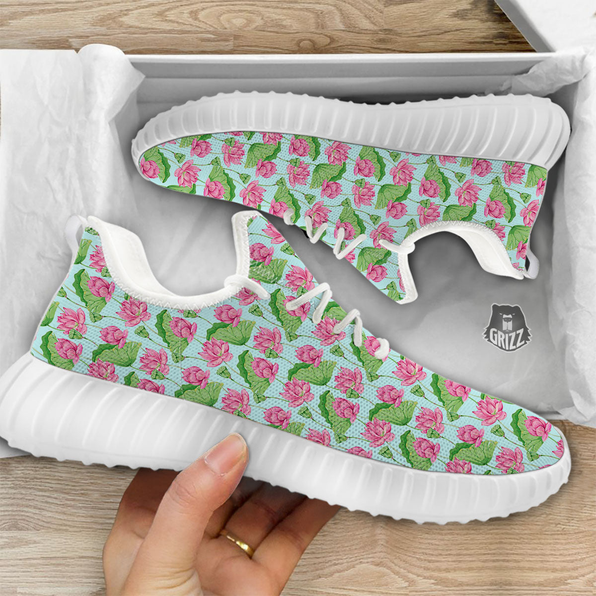 Lotus Leaf And Flower On The Water Print Pattern White Walking Shoes-grizzshop