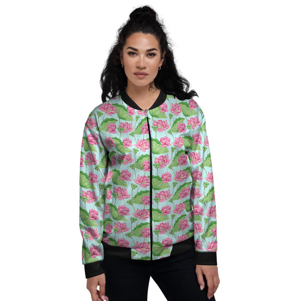 Lotus Leaf And Flower On The Water Print Pattern Women's Bomber Jacket-grizzshop