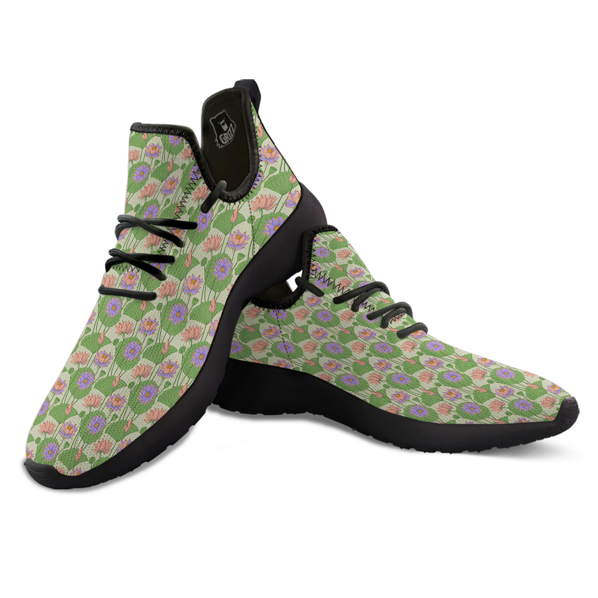Lotus Leaf And Flower Print Pattern Black Athletic Shoes-grizzshop