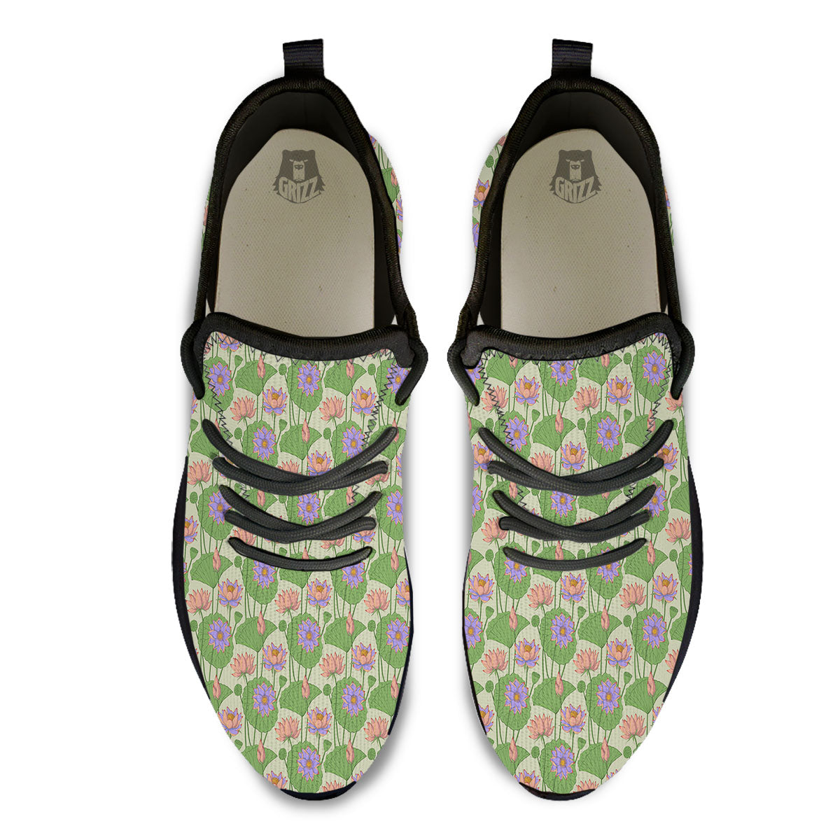 Lotus Leaf And Flower Print Pattern Black Athletic Shoes-grizzshop
