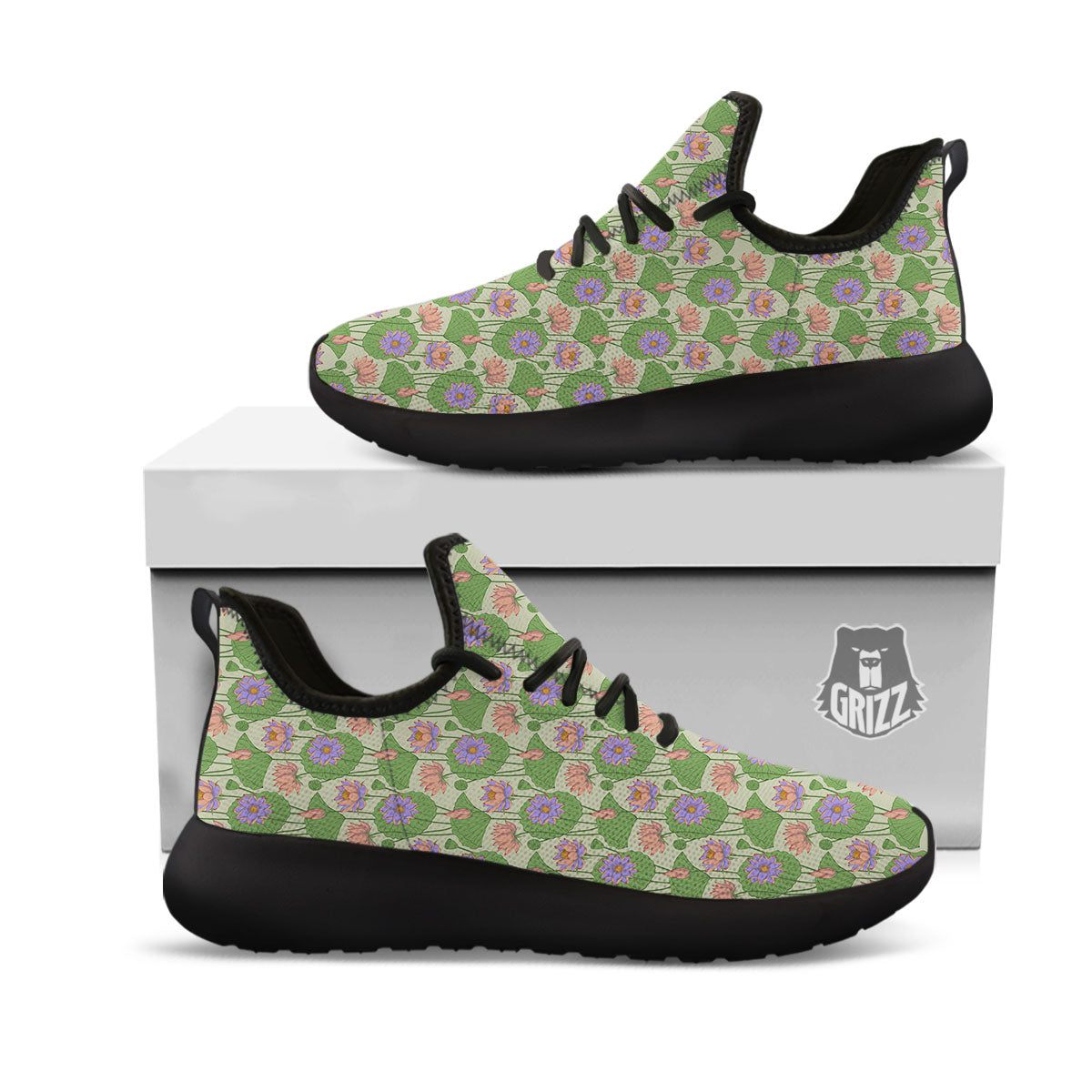 Lotus Leaf And Flower Print Pattern Black Athletic Shoes-grizzshop