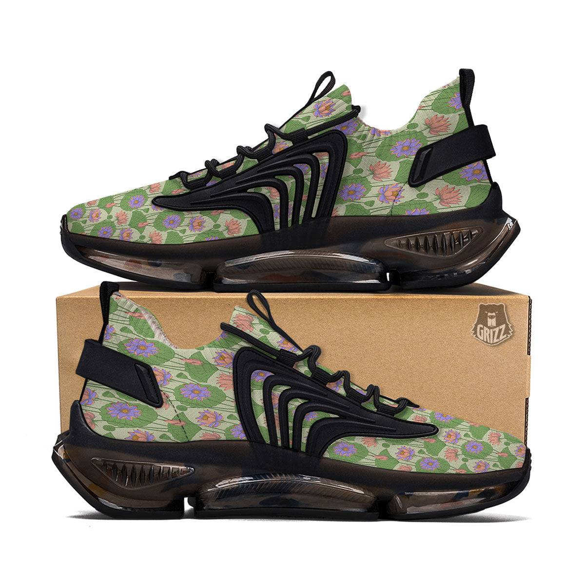 Lotus Leaf And Flower Print Pattern Black Gym Shoes-grizzshop