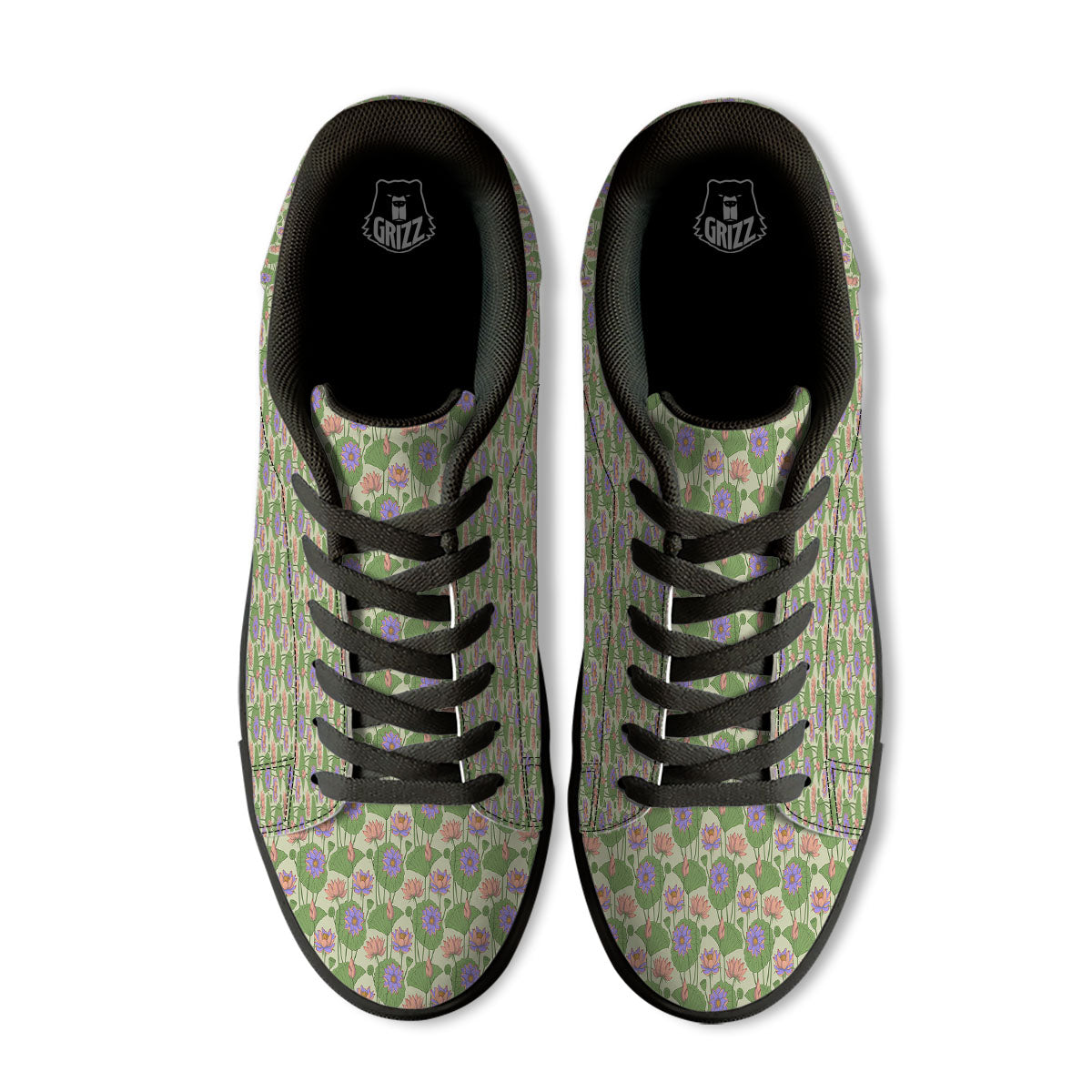 Lotus Leaf And Flower Print Pattern Black Low Top Sneakers-grizzshop