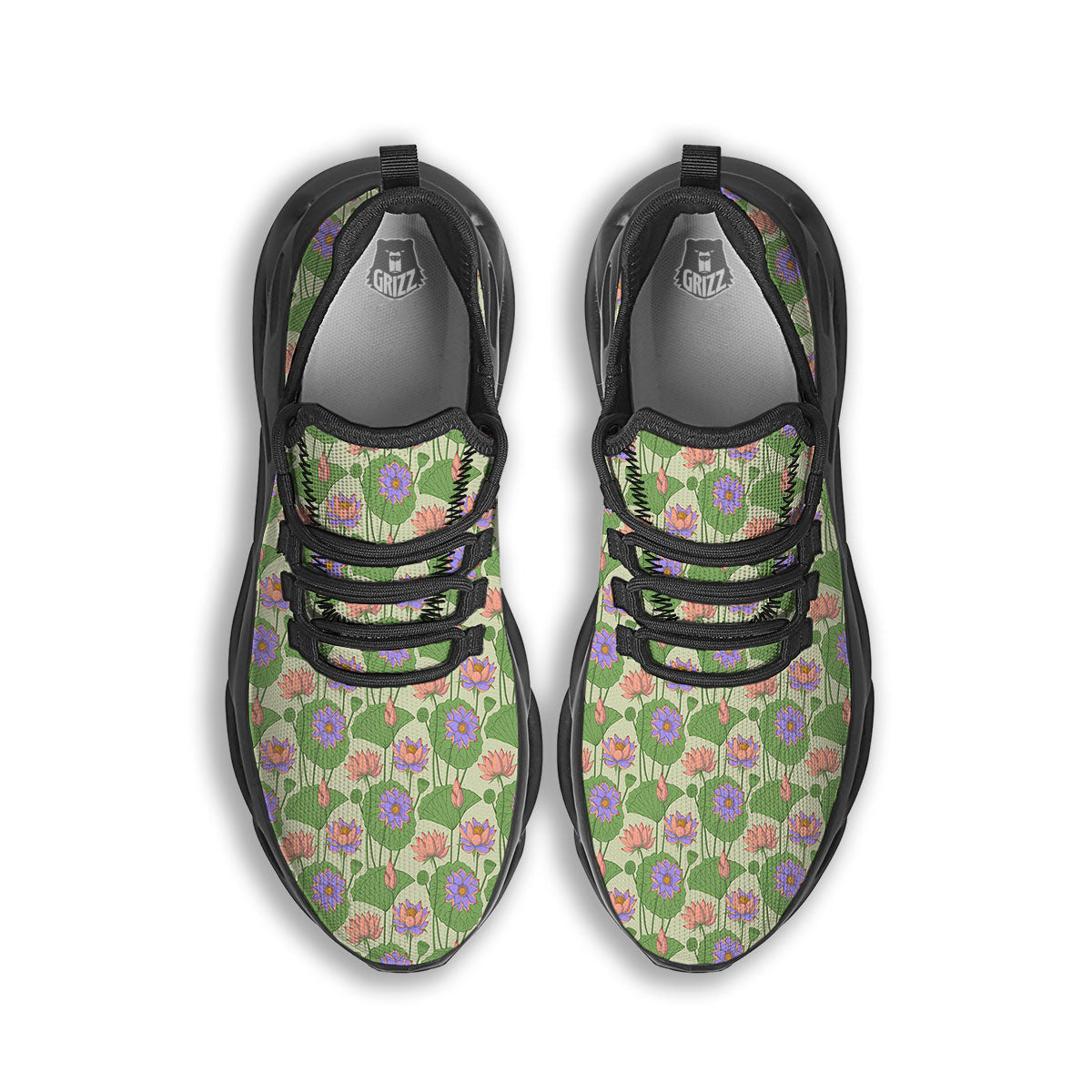 Lotus Leaf And Flower Print Pattern Black Running Shoes-grizzshop