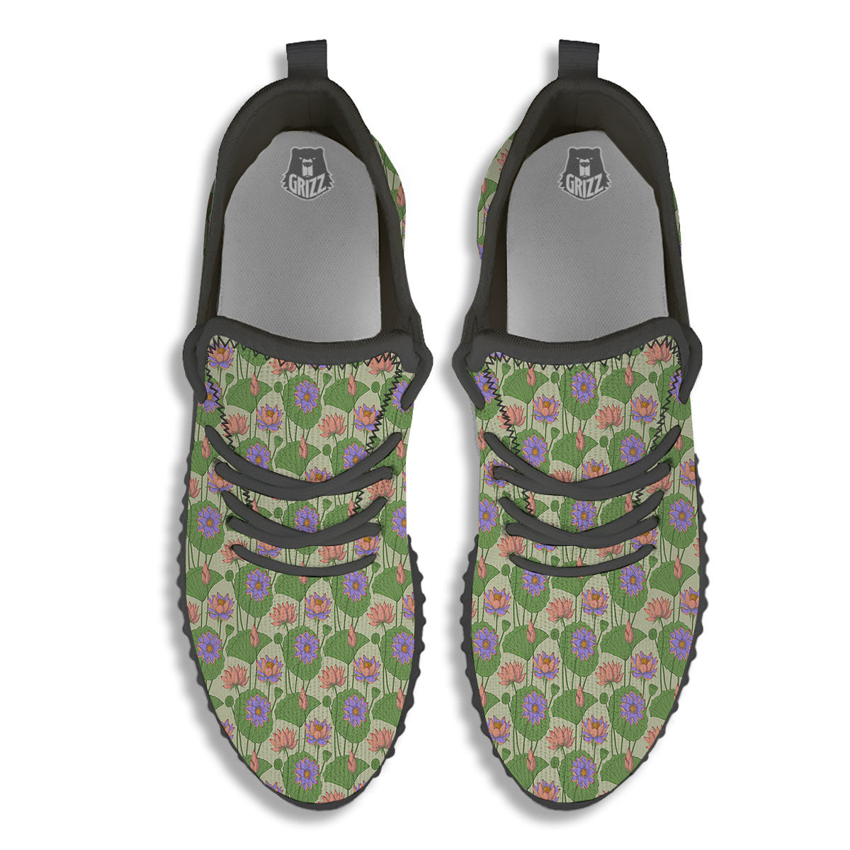 Lotus Leaf And Flower Print Pattern Black Walking Shoes-grizzshop
