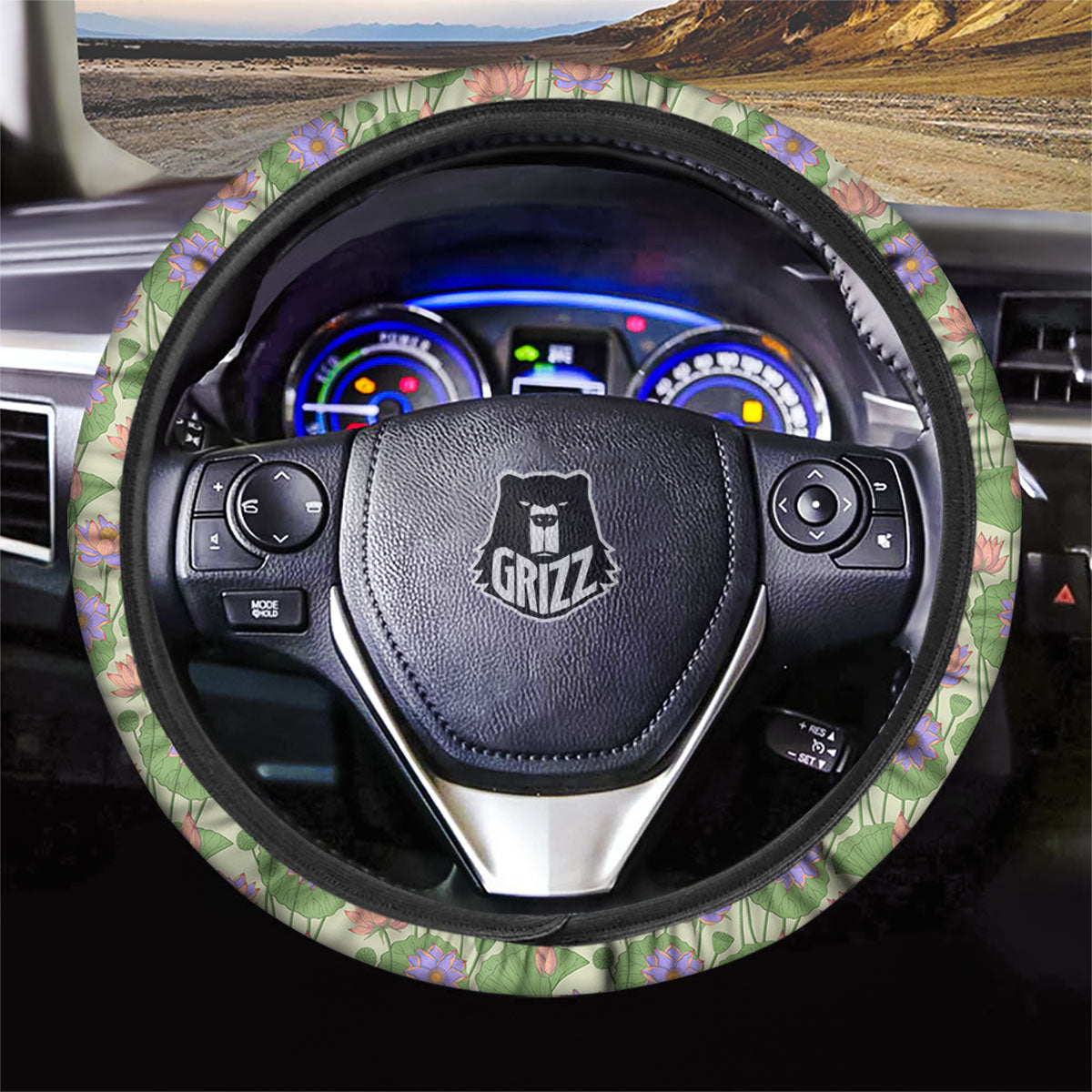 Lotus Leaf And Flower Print Pattern Car Steering Wheel Cover-grizzshop