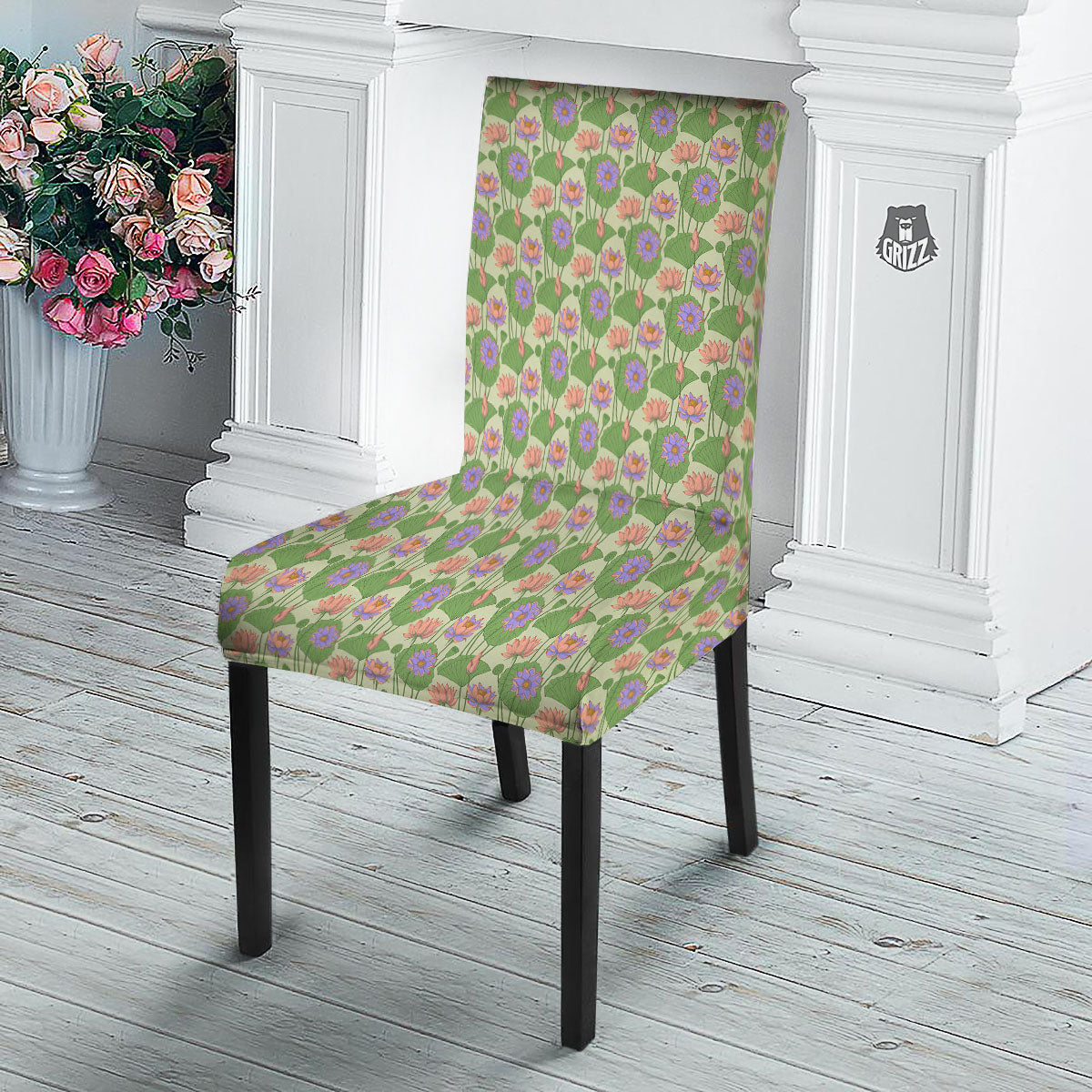 Lotus Leaf And Flower Print Pattern Dining Chair Slipcover-grizzshop