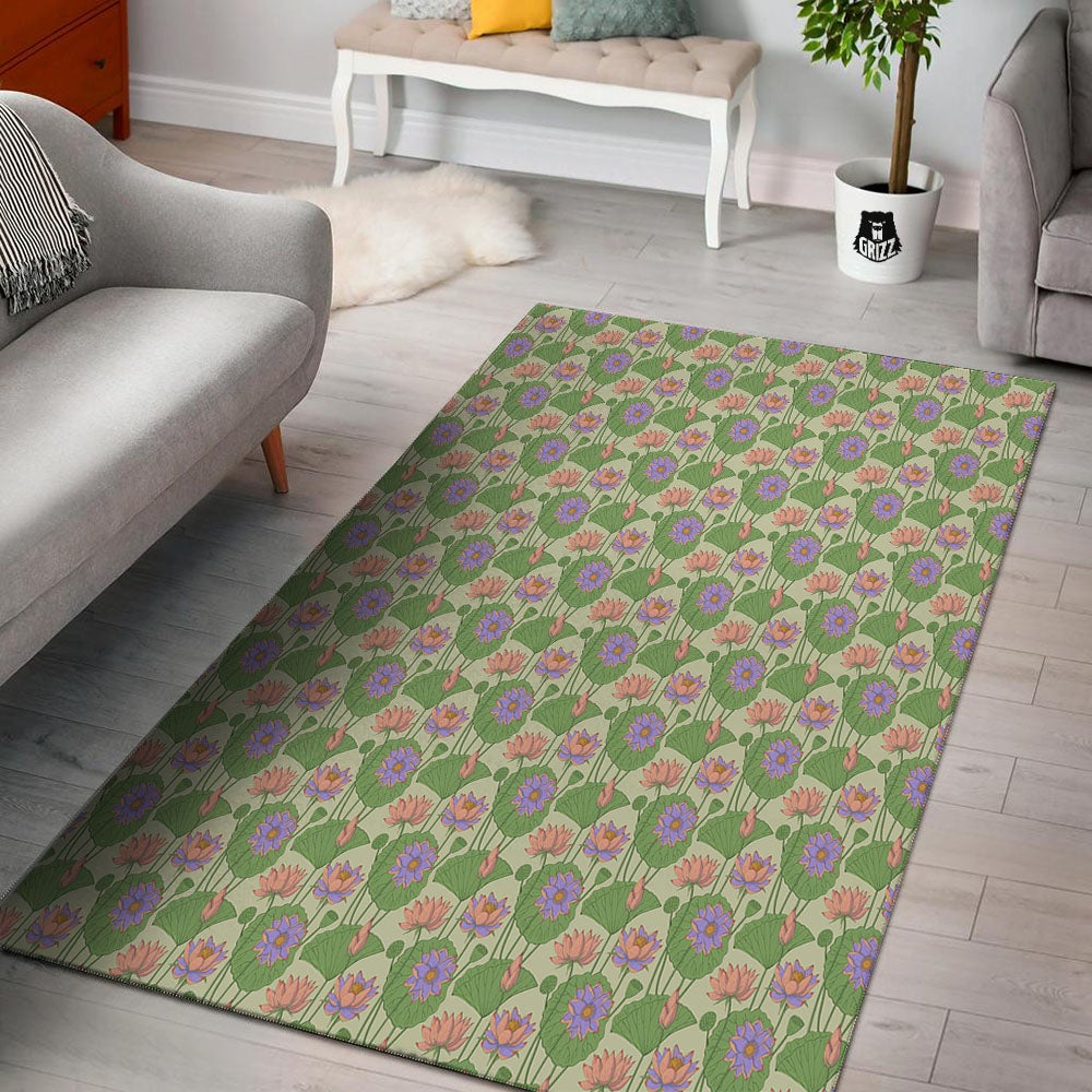 Lotus Leaf And Flower Print Pattern Floor Mat-grizzshop