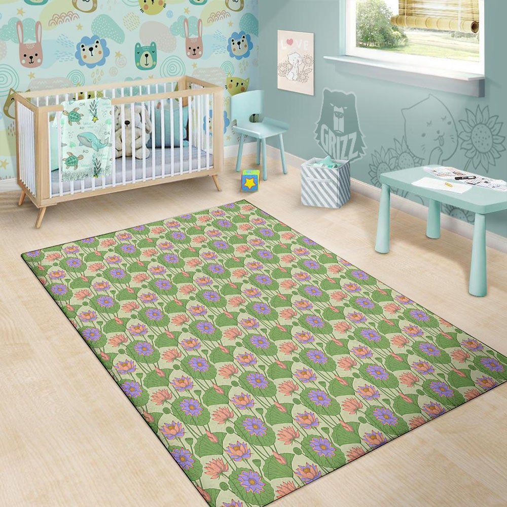 Lotus Leaf And Flower Print Pattern Floor Mat-grizzshop