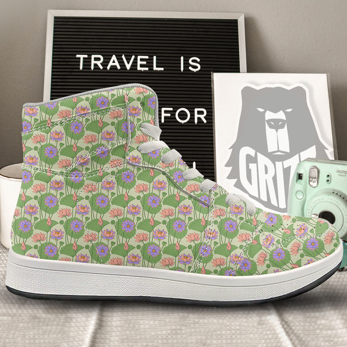 Lotus Leaf And Flower Print Pattern High Top Sneakers-grizzshop