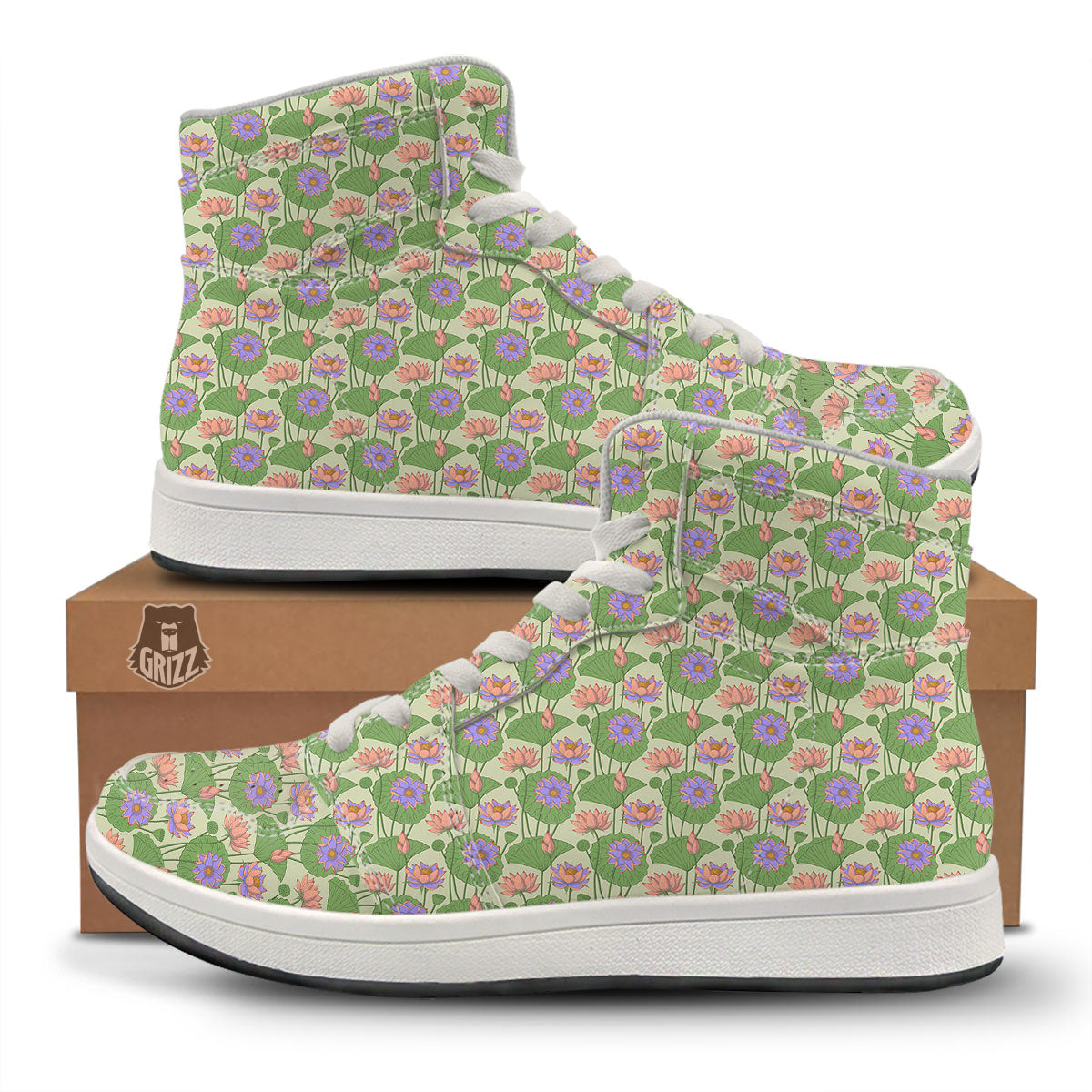 Lotus Leaf And Flower Print Pattern High Top Sneakers-grizzshop