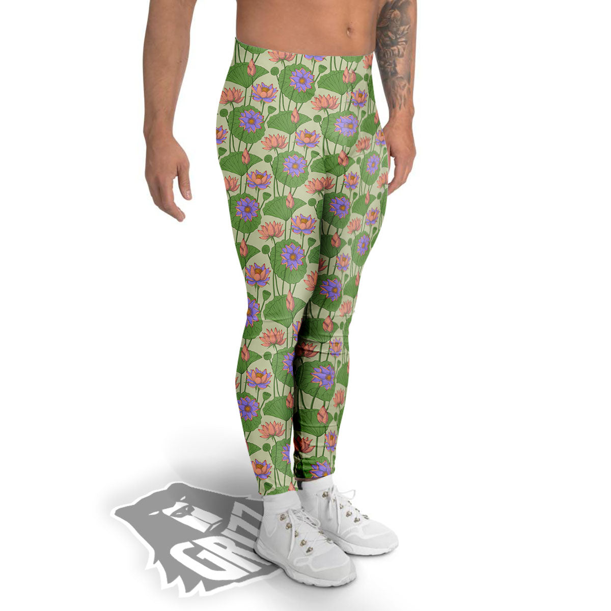 Lotus Leaf And Flower Print Pattern Men's Leggings-grizzshop
