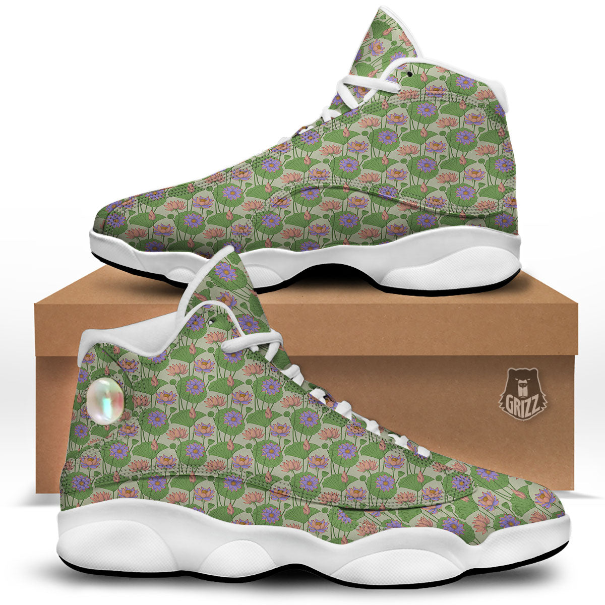 Lotus Leaf And Flower Print Pattern White Basketball Shoes-grizzshop