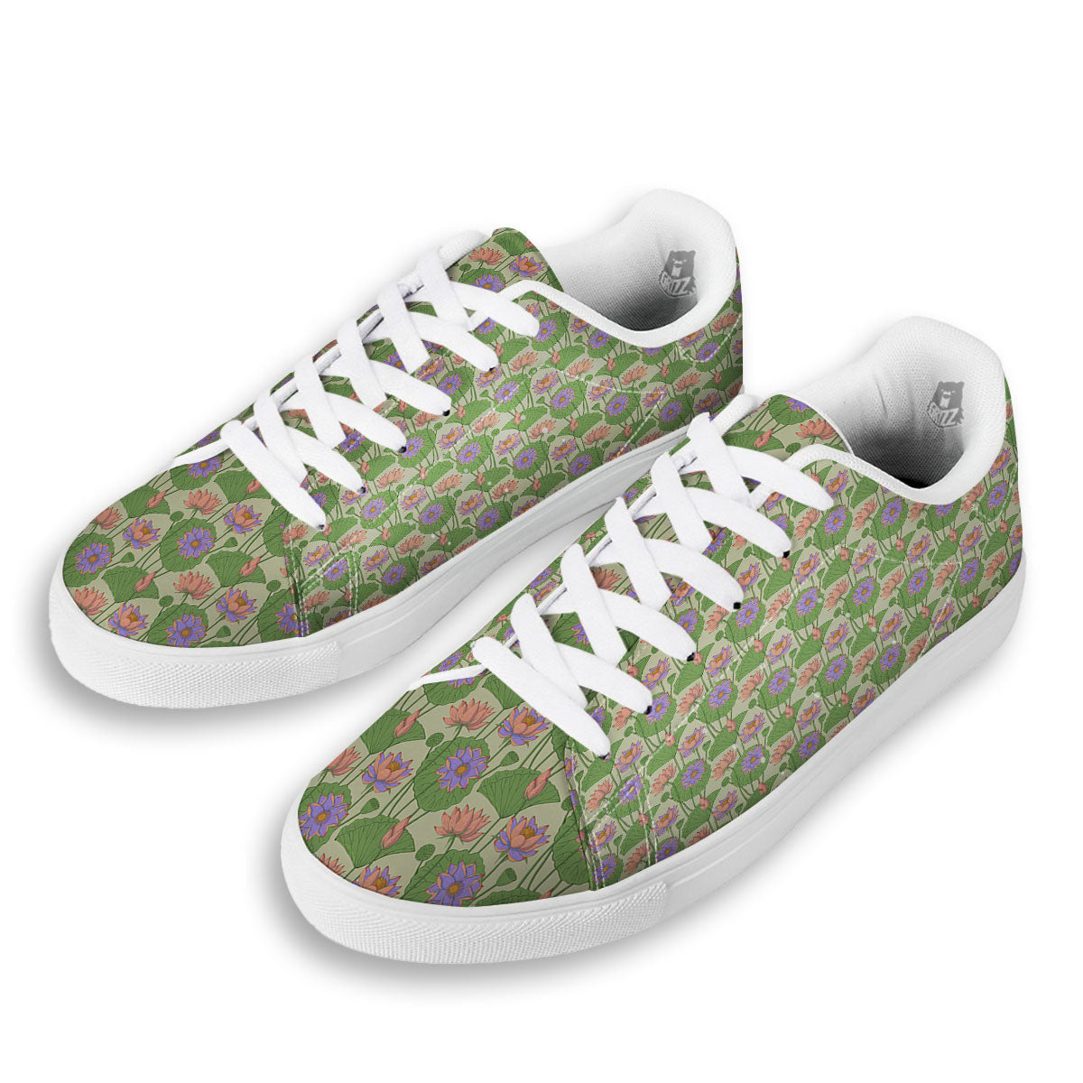 Lotus Leaf And Flower Print Pattern White Low Top Sneakers-grizzshop