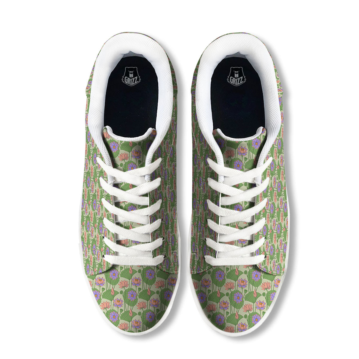 Lotus Leaf And Flower Print Pattern White Low Top Sneakers-grizzshop