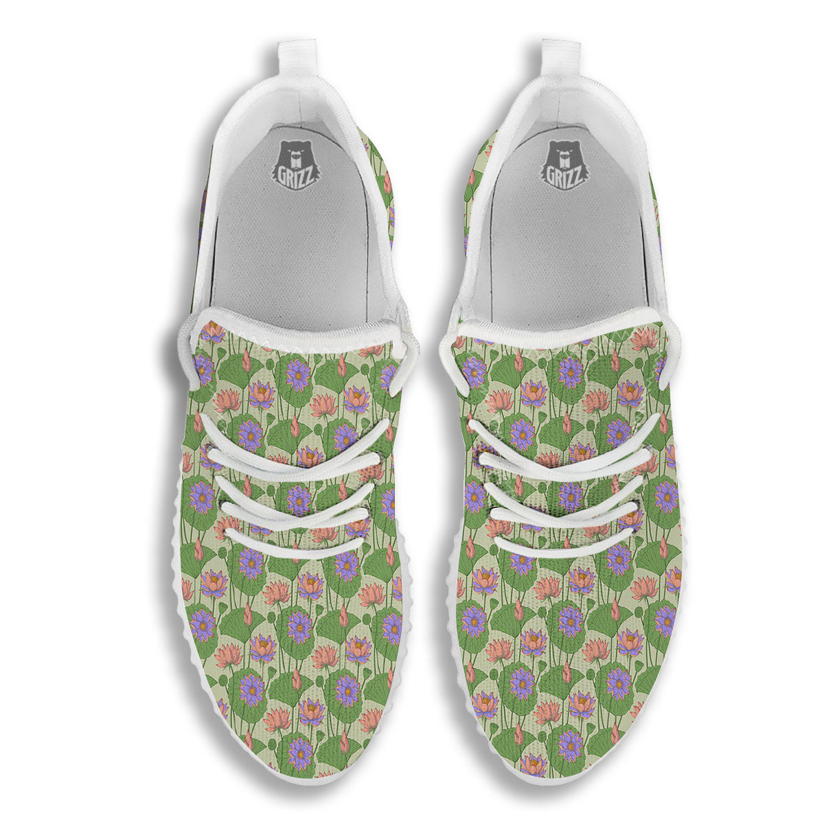 Lotus Leaf And Flower Print Pattern White Walking Shoes-grizzshop