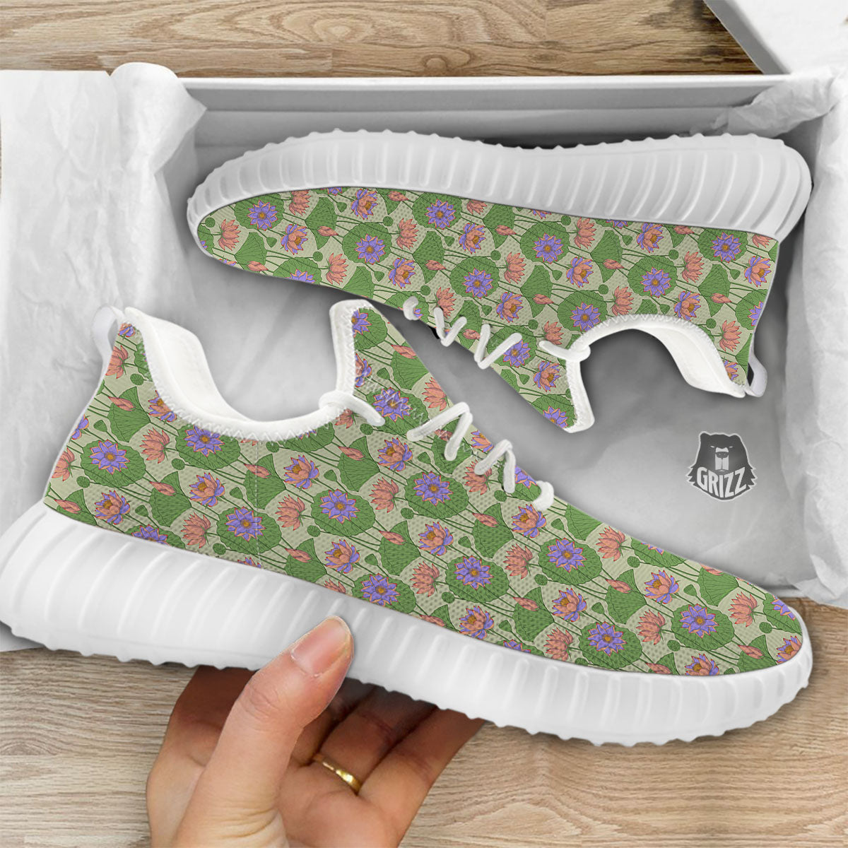 Lotus Leaf And Flower Print Pattern White Walking Shoes-grizzshop