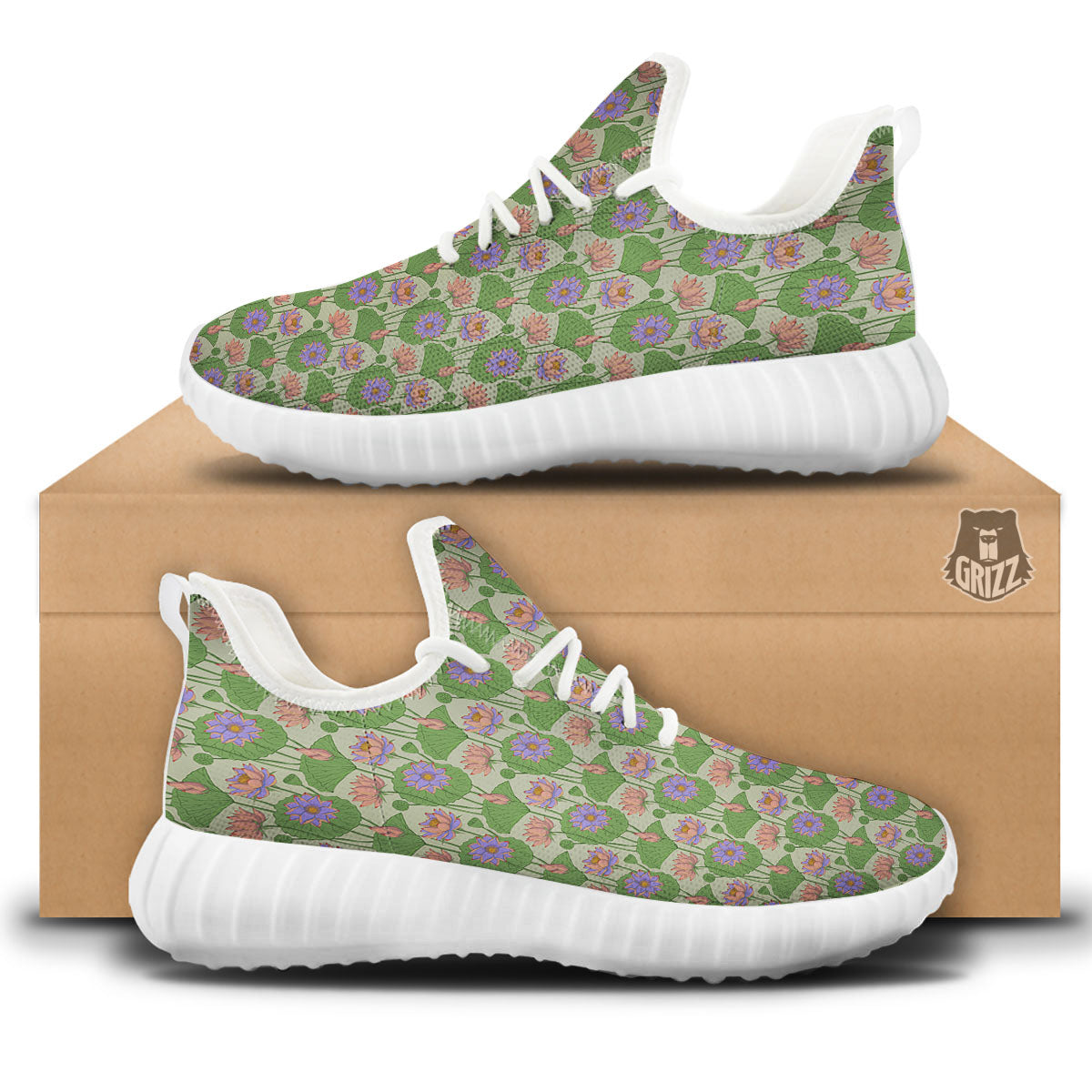 Lotus Leaf And Flower Print Pattern White Walking Shoes-grizzshop
