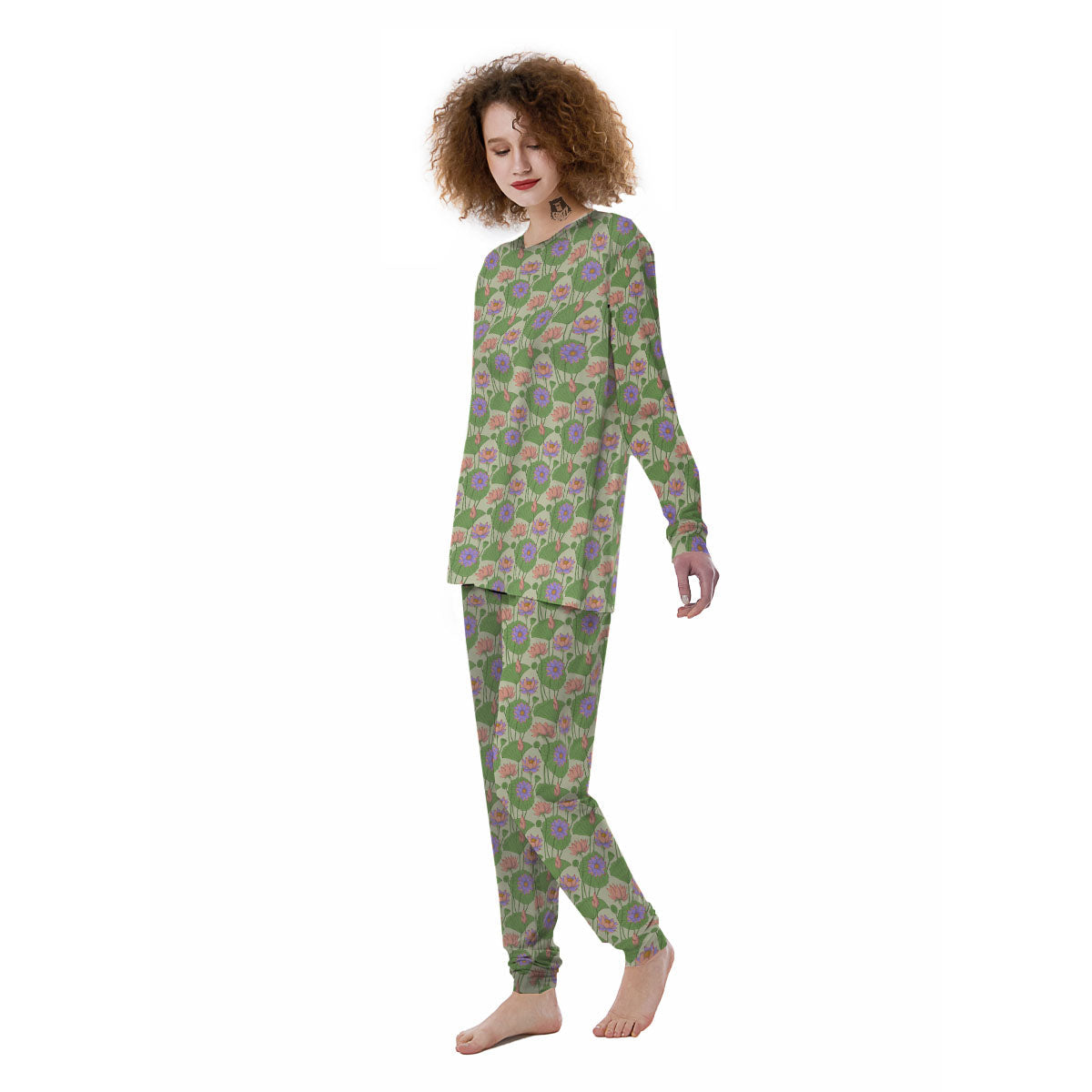Lotus Leaf And Flower Print Pattern Women's Pajamas-grizzshop