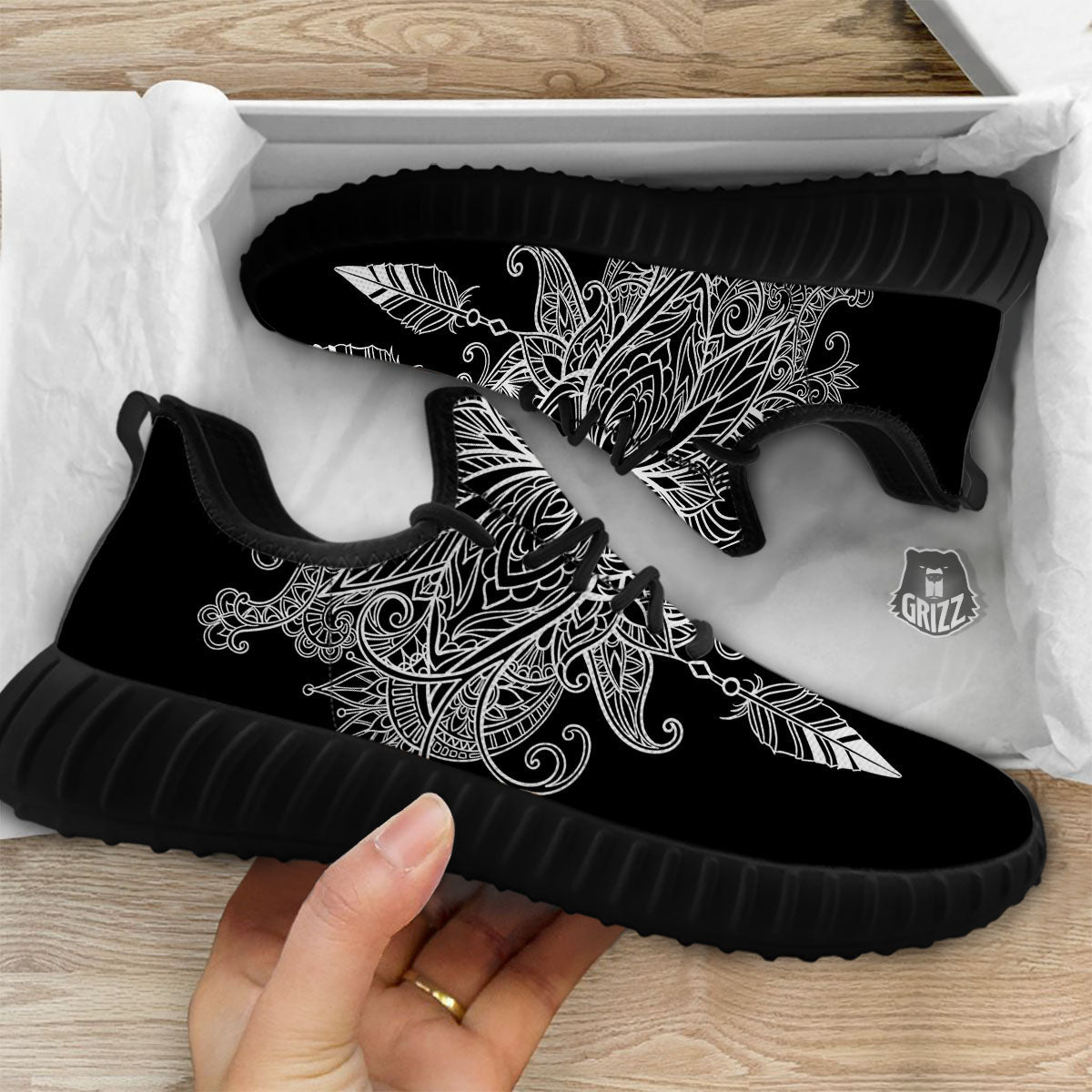 Lotus Mandala White And Black Print Black Walking Shoes-grizzshop