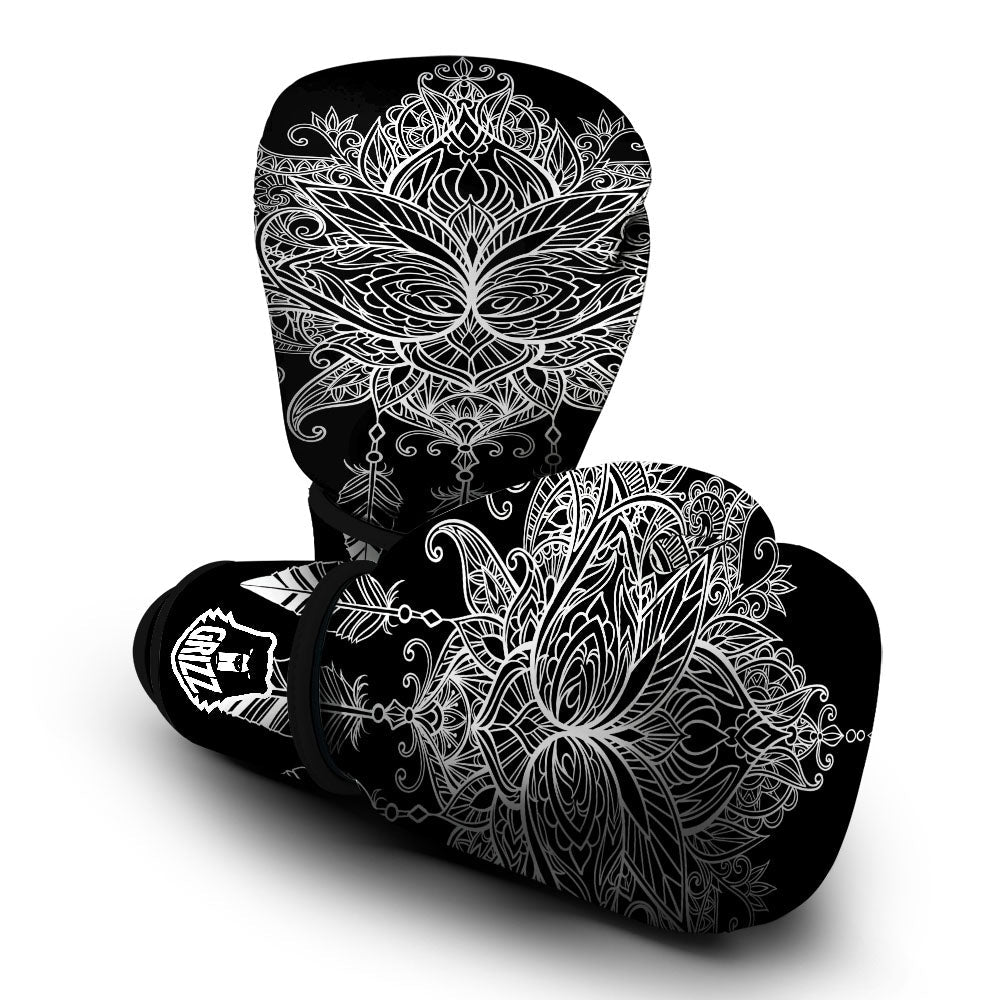 Lotus Mandala White And Black Print Boxing Gloves-grizzshop