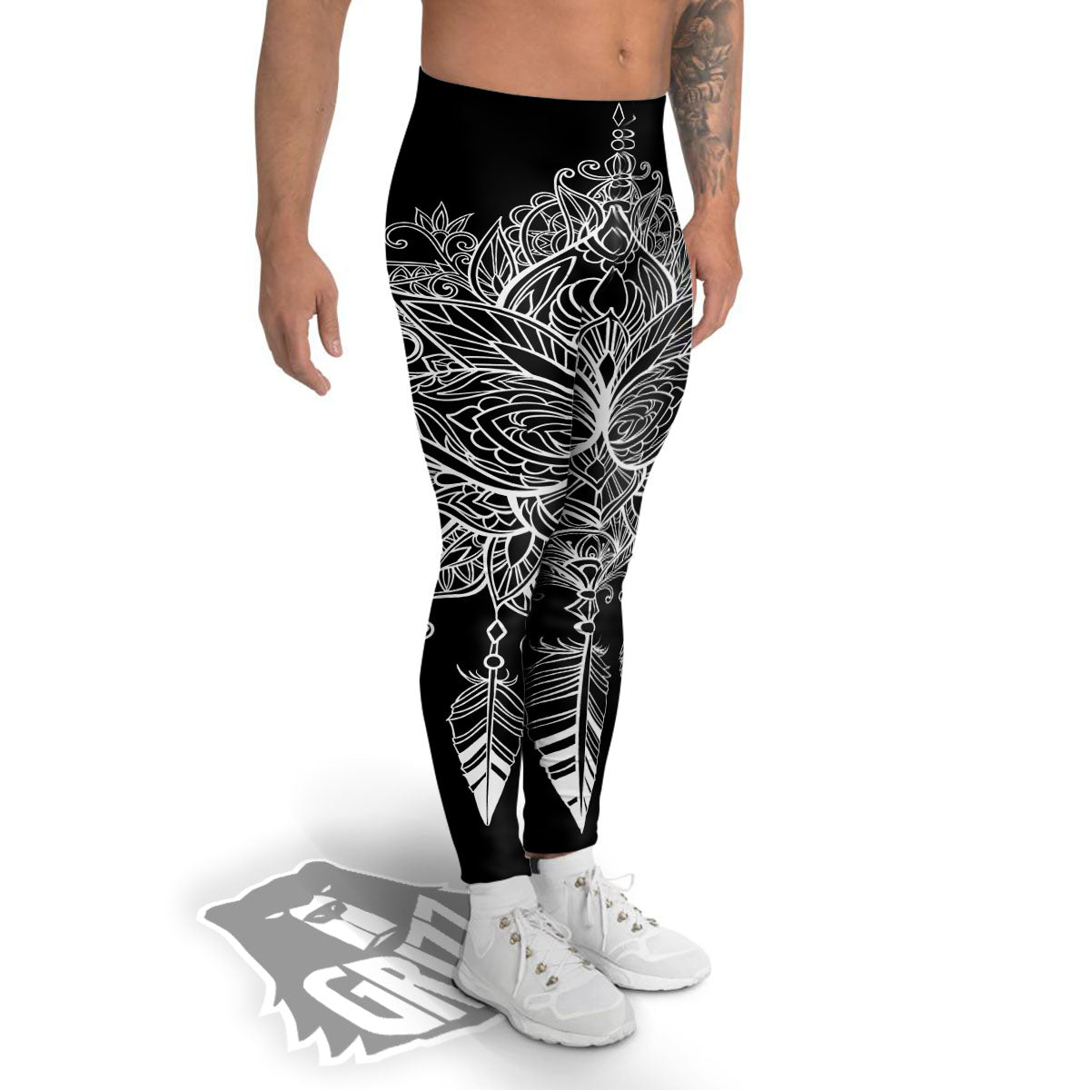 Lotus Mandala White And Black Print Men's Leggings-grizzshop
