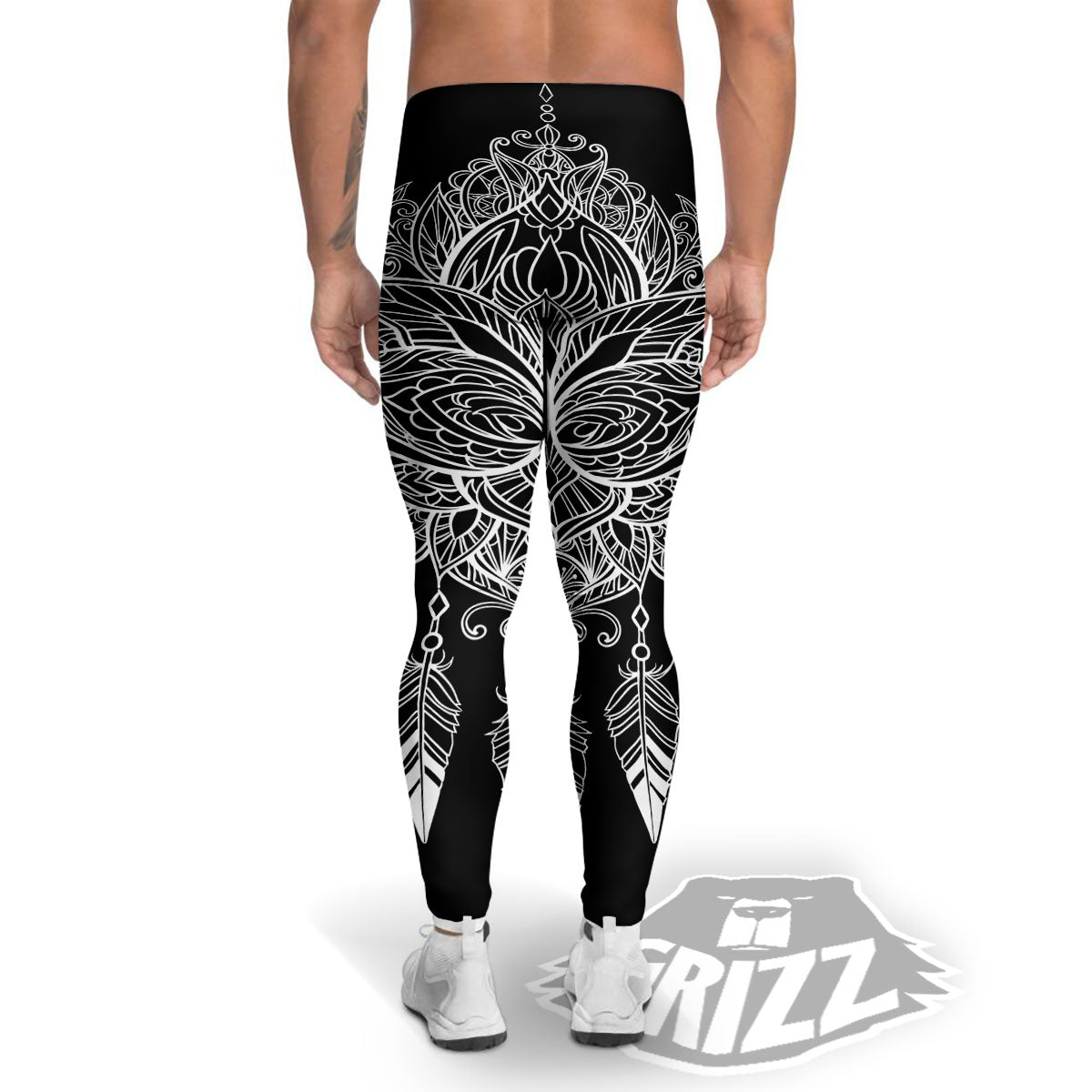 Lotus Mandala White And Black Print Men's Leggings-grizzshop