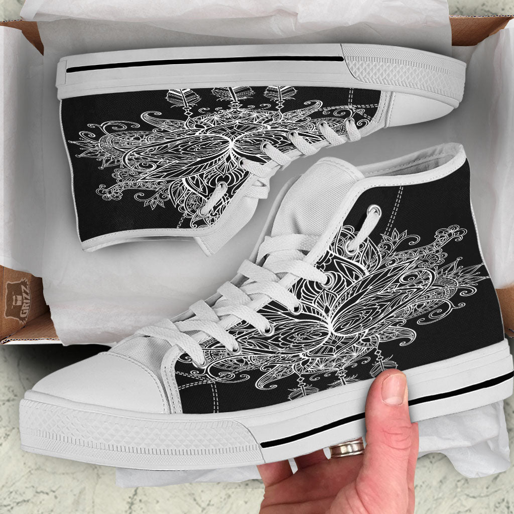 Lotus Mandala White And Black Print White High Top Shoes-grizzshop