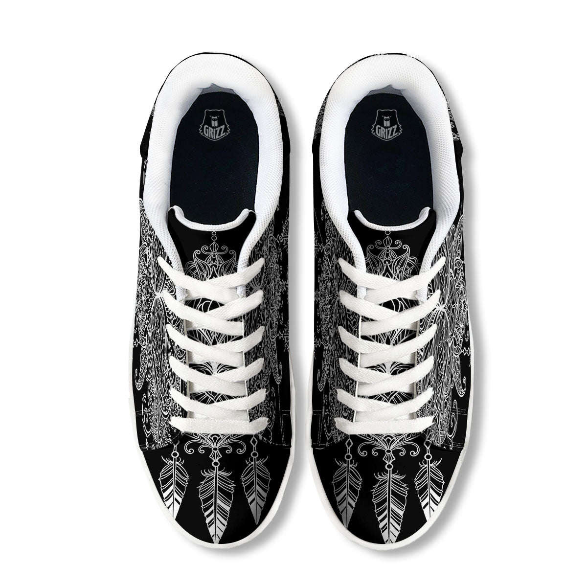 Lotus Mandala White And Black Print White Low Top Sneakers-grizzshop