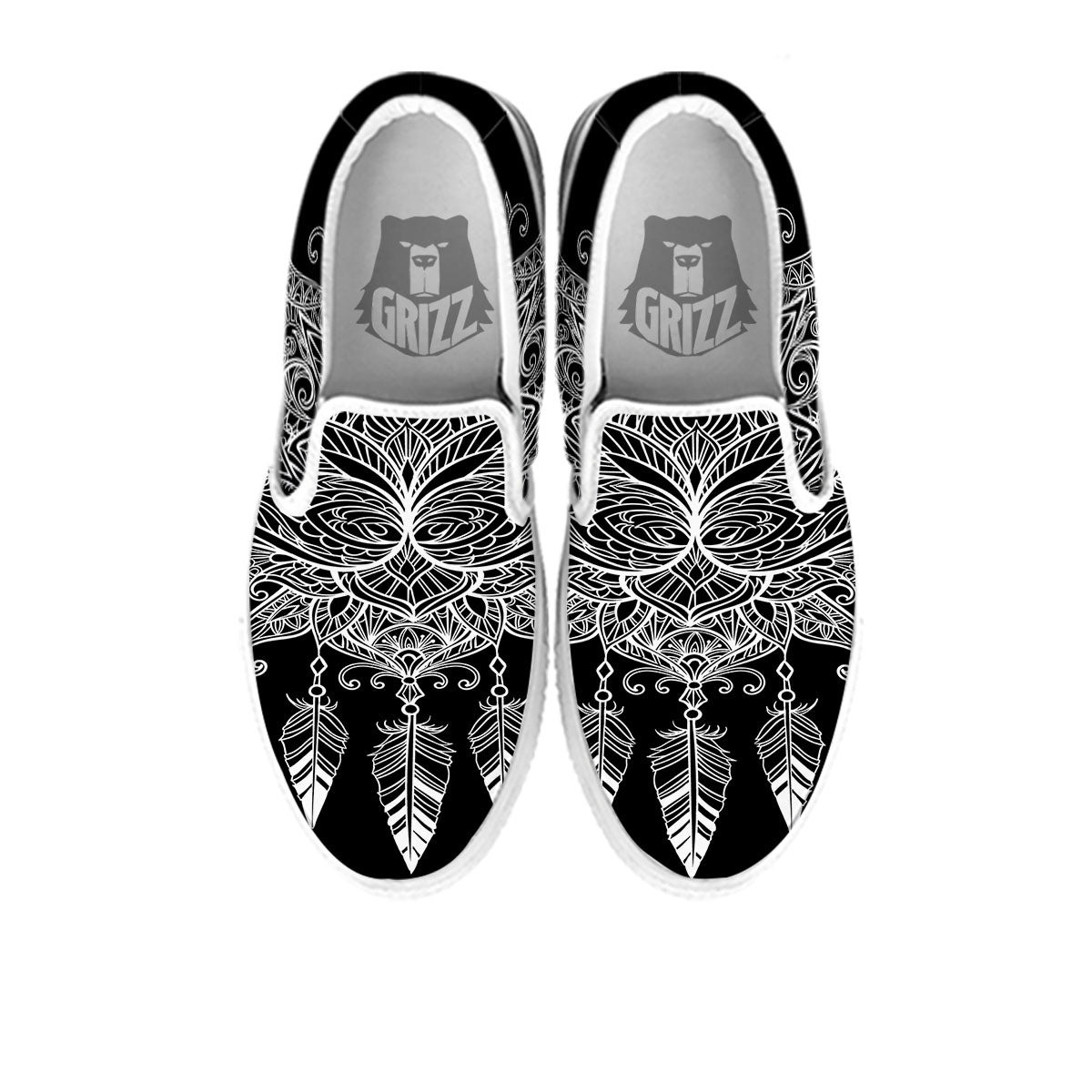 Lotus Mandala White And Black Print White Slip On Shoes-grizzshop