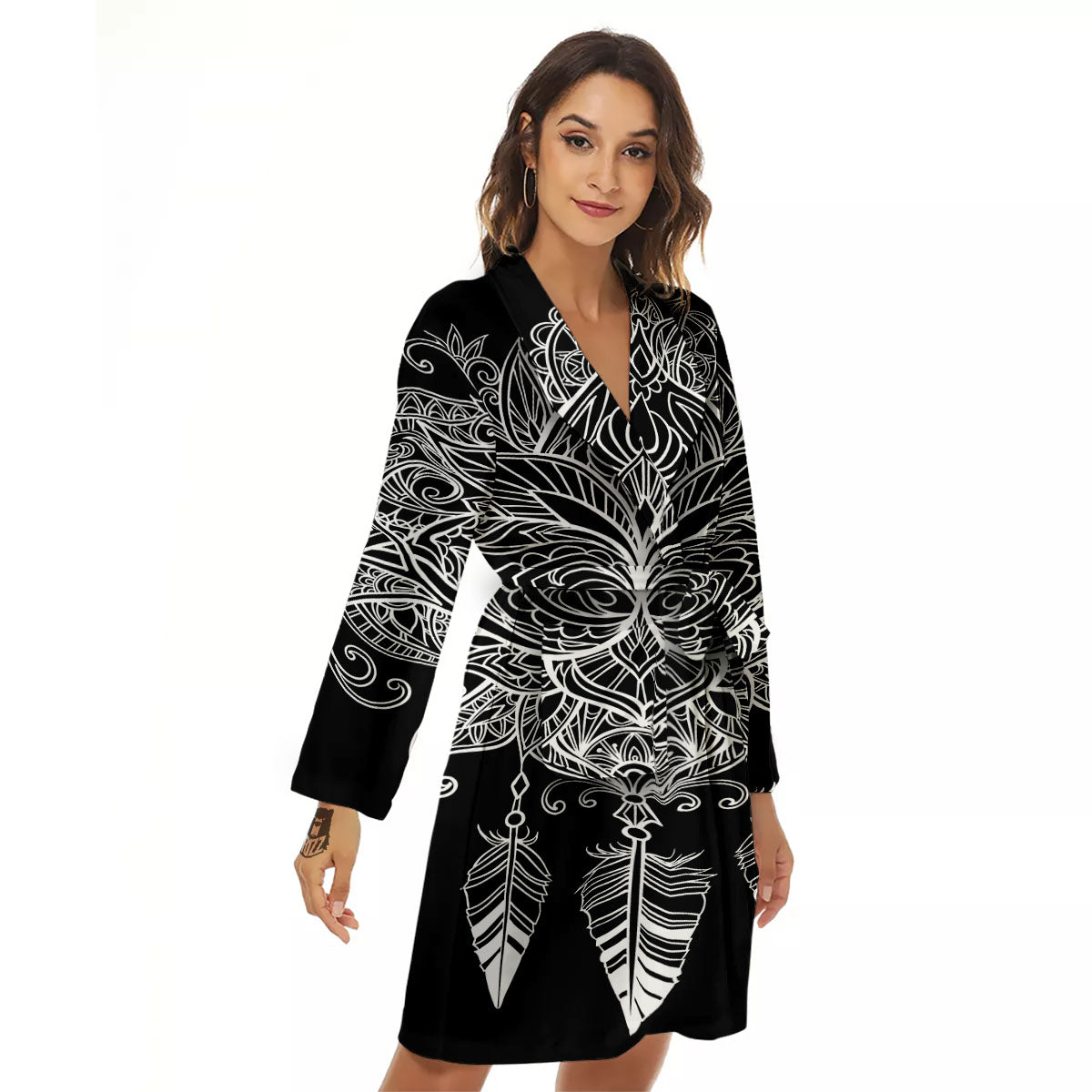 Lotus Mandala White And Black Print Women's Robe-grizzshop