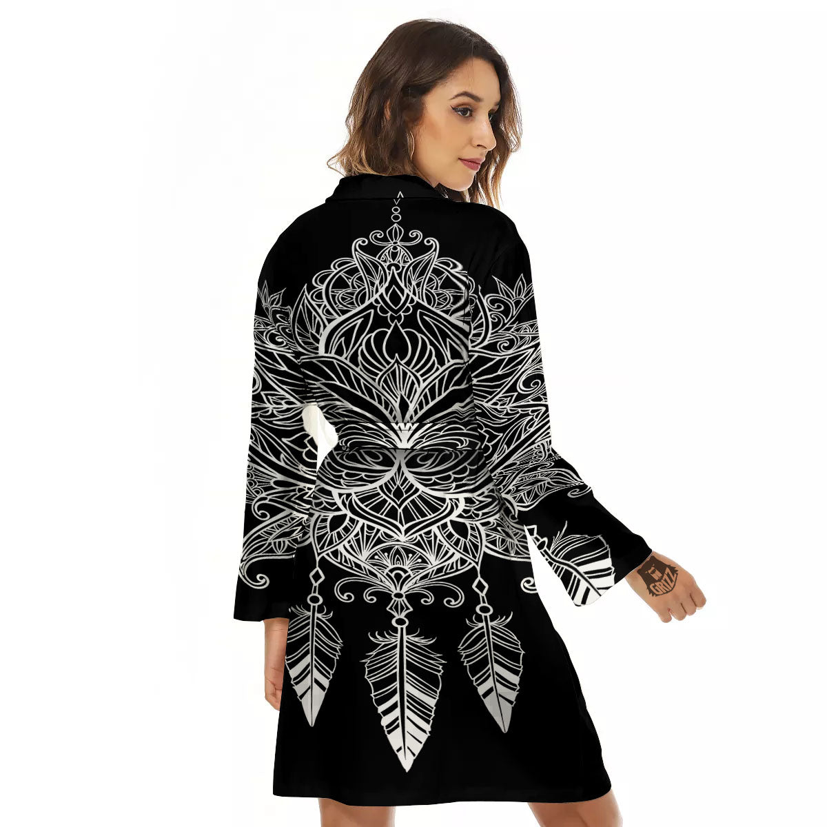 Lotus Mandala White And Black Print Women's Robe-grizzshop