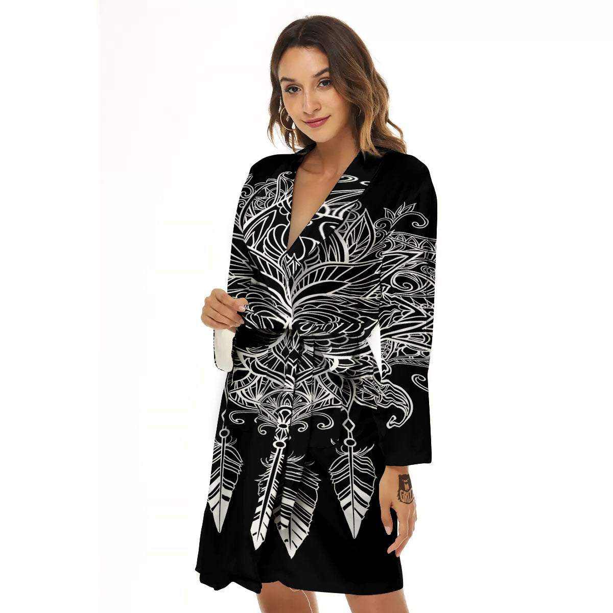 Lotus Mandala White And Black Print Women's Robe-grizzshop