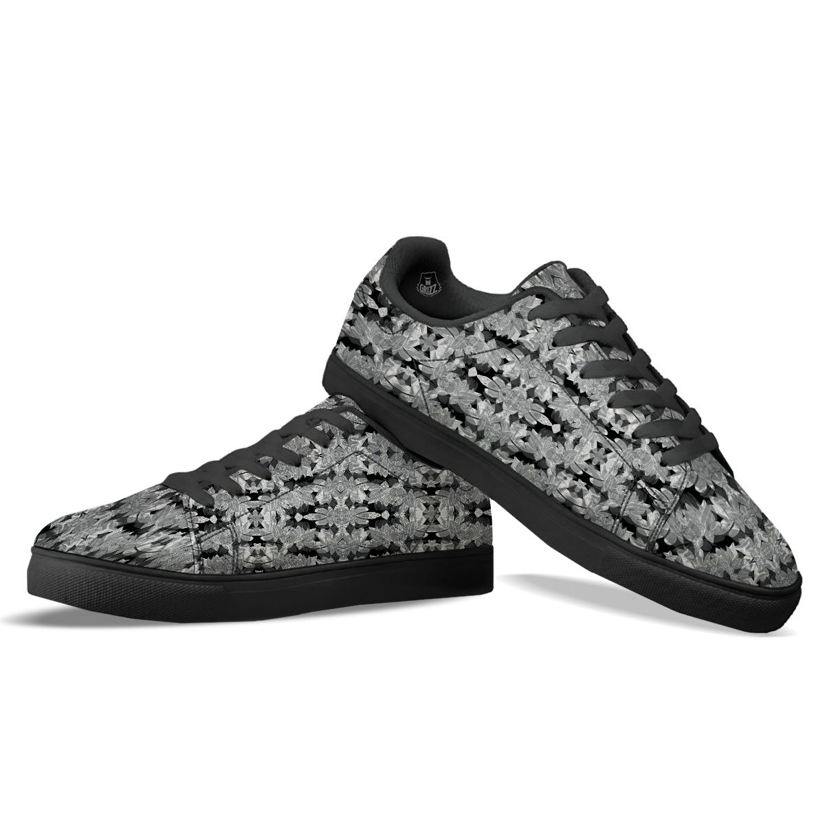 Lotus Monochrome Print Pattern Black Low Top Sneakers-grizzshop