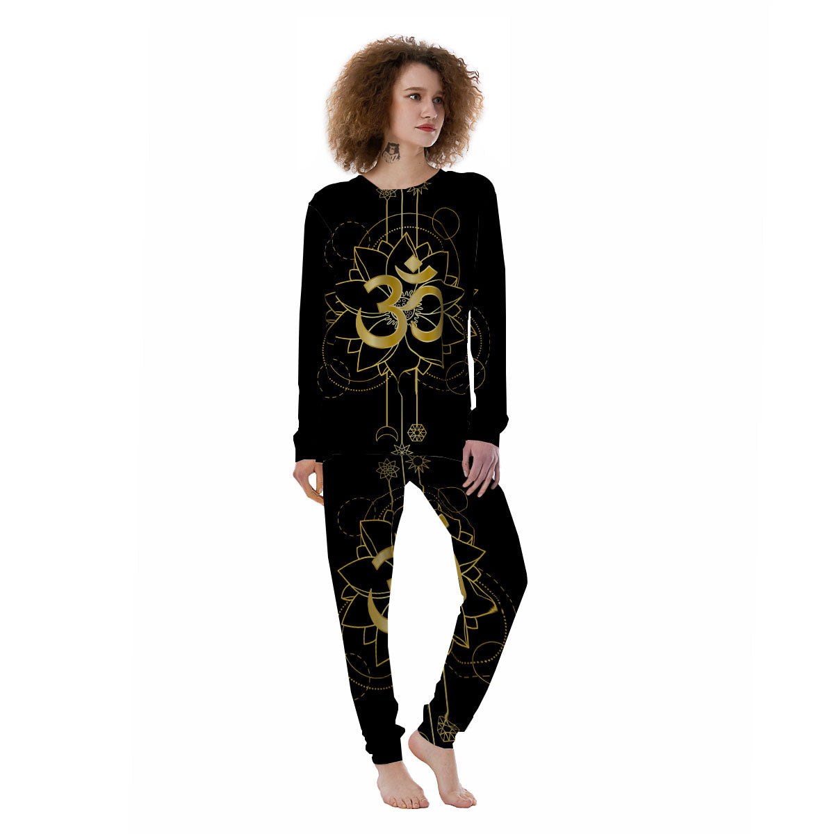 Lotus Om Gold Print Women's Pajamas-grizzshop
