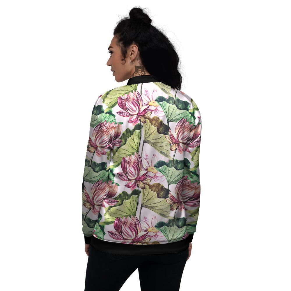 Lotus Pink Print Pattern Women's Bomber Jacket-grizzshop