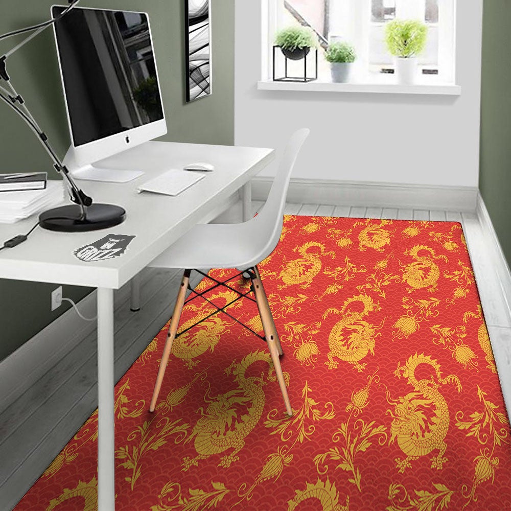 Lotus Red Dragon Print Pattern Floor Mat-grizzshop