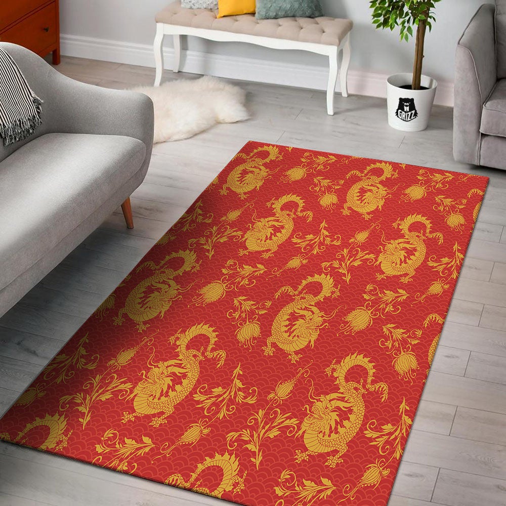 Lotus Red Dragon Print Pattern Floor Mat-grizzshop