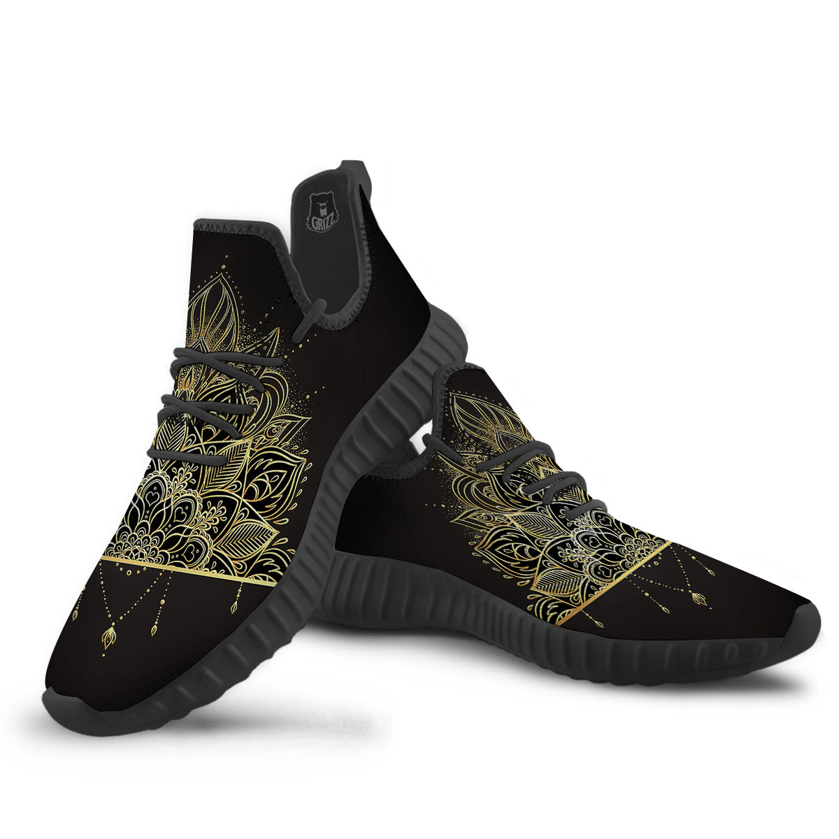 Lotus Spiritual Golden Print Black Walking Shoes-grizzshop