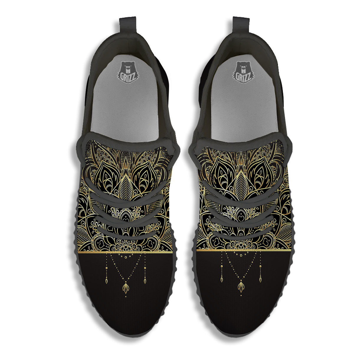 Lotus Spiritual Golden Print Black Walking Shoes-grizzshop