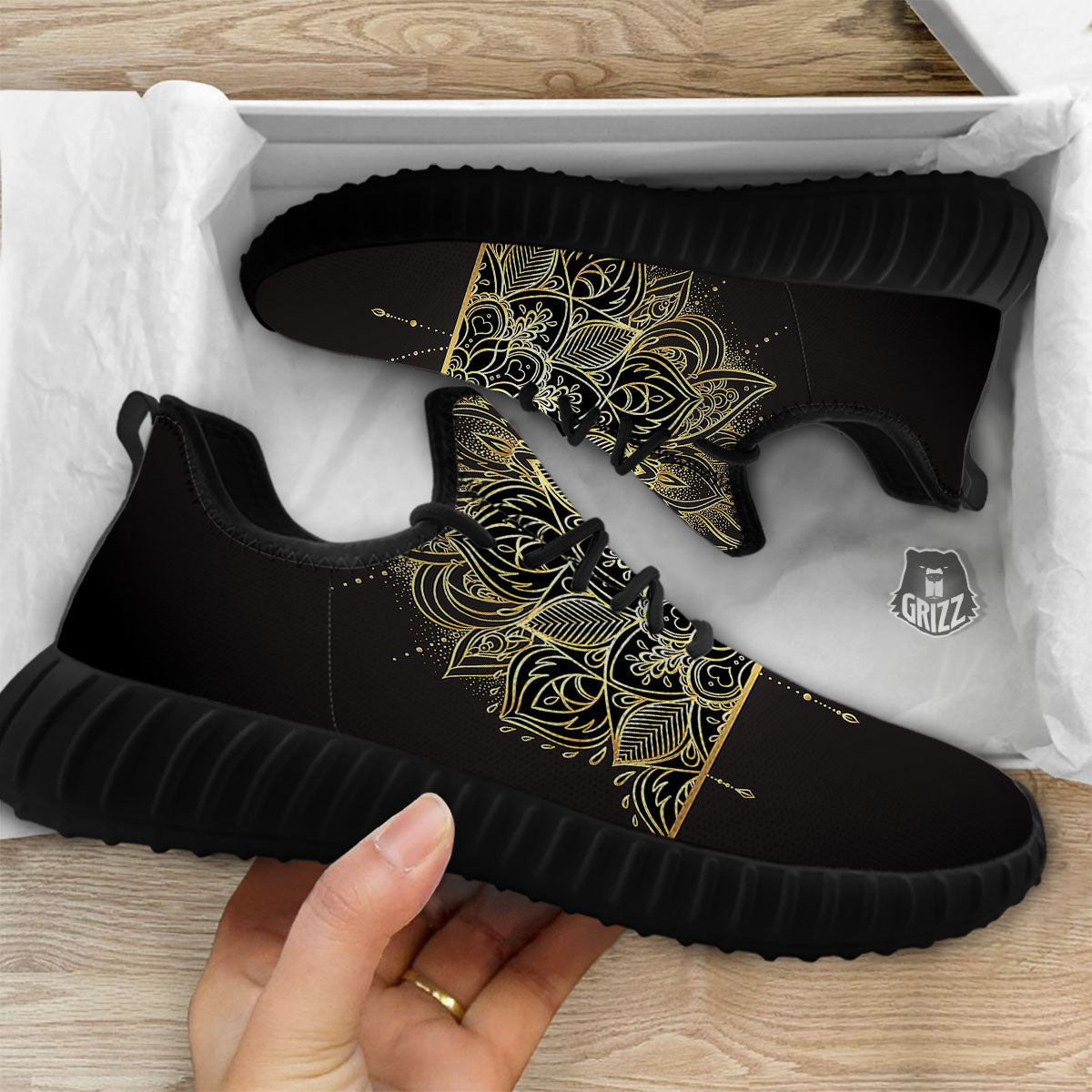 Lotus Spiritual Golden Print Black Walking Shoes-grizzshop
