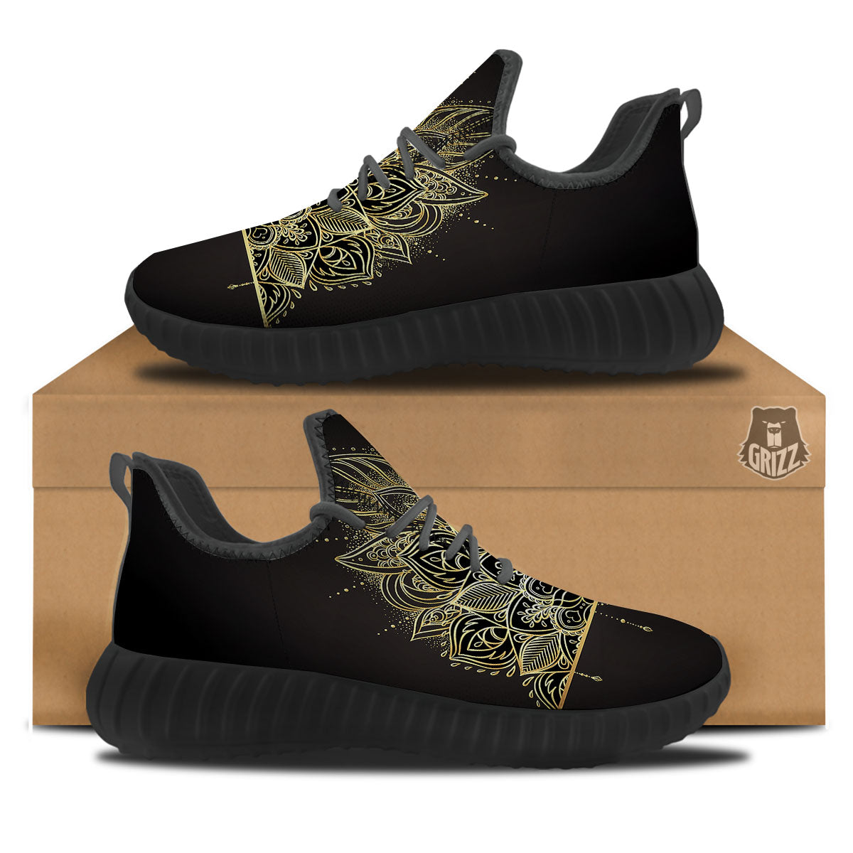 Lotus Spiritual Golden Print Black Walking Shoes-grizzshop