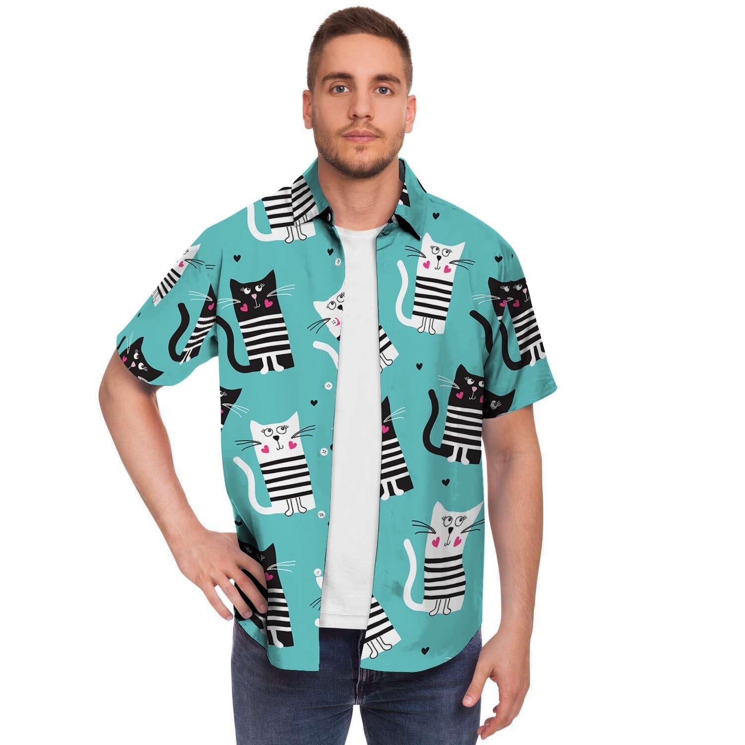 Love Turquoise Cat Print Men's Short Sleeve Shirt-grizzshop