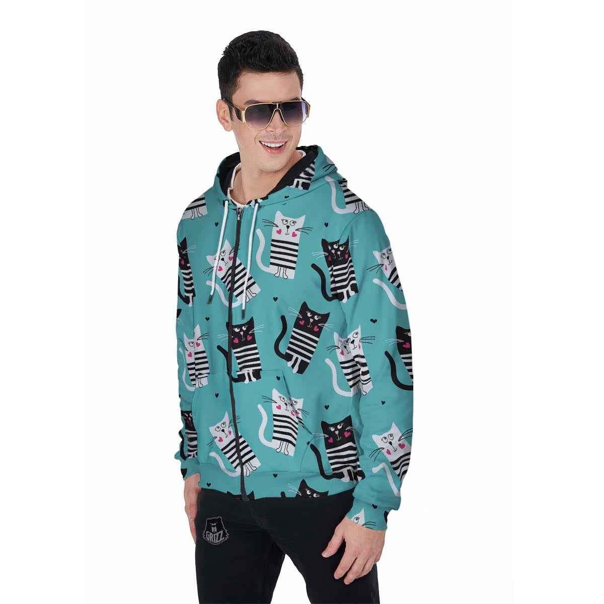 Love Turquoise Cat Print Men's Zip Up Hoodie-grizzshop