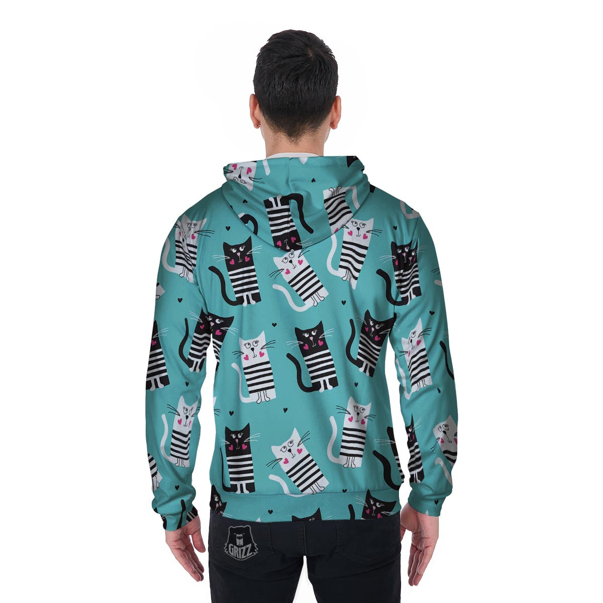 Love Turquoise Cat Print Men's Zip Up Hoodie-grizzshop
