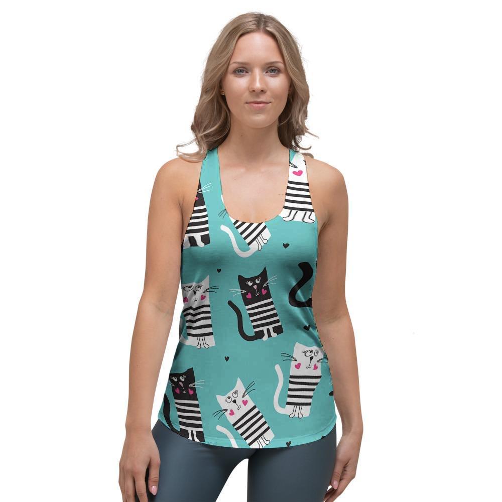 Love Turquoise Cat Print Women's Racerback Tank Top-grizzshop