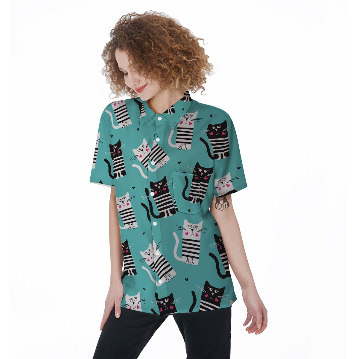 Love Turquoise Cat Print Women's Short Sleeve Shirts-grizzshop