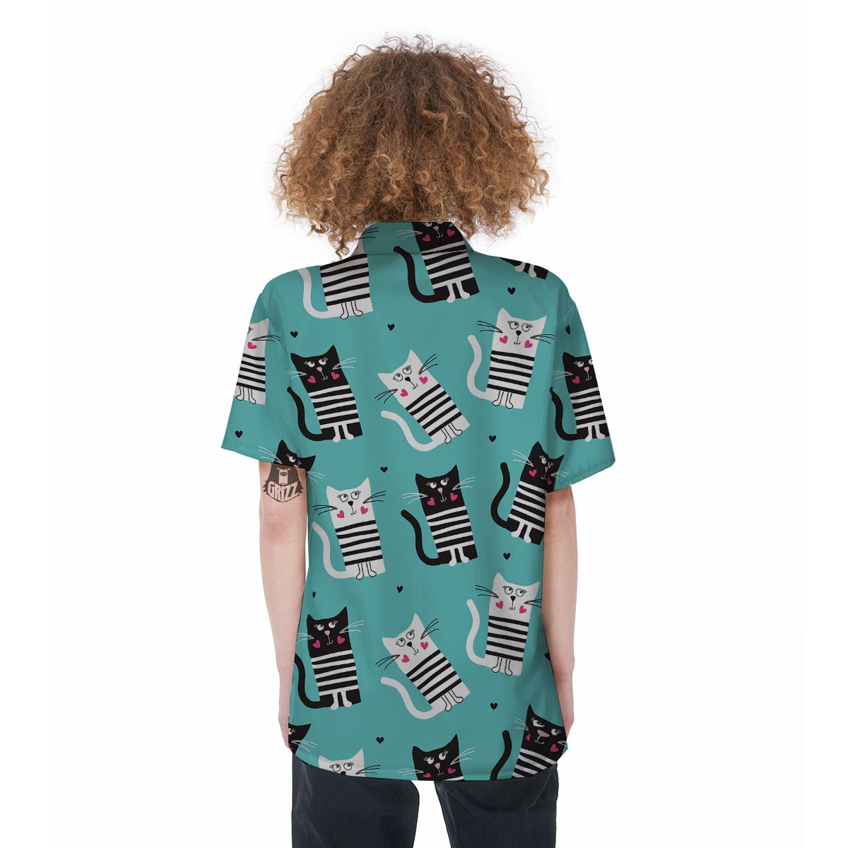 Love Turquoise Cat Print Women's Short Sleeve Shirts-grizzshop