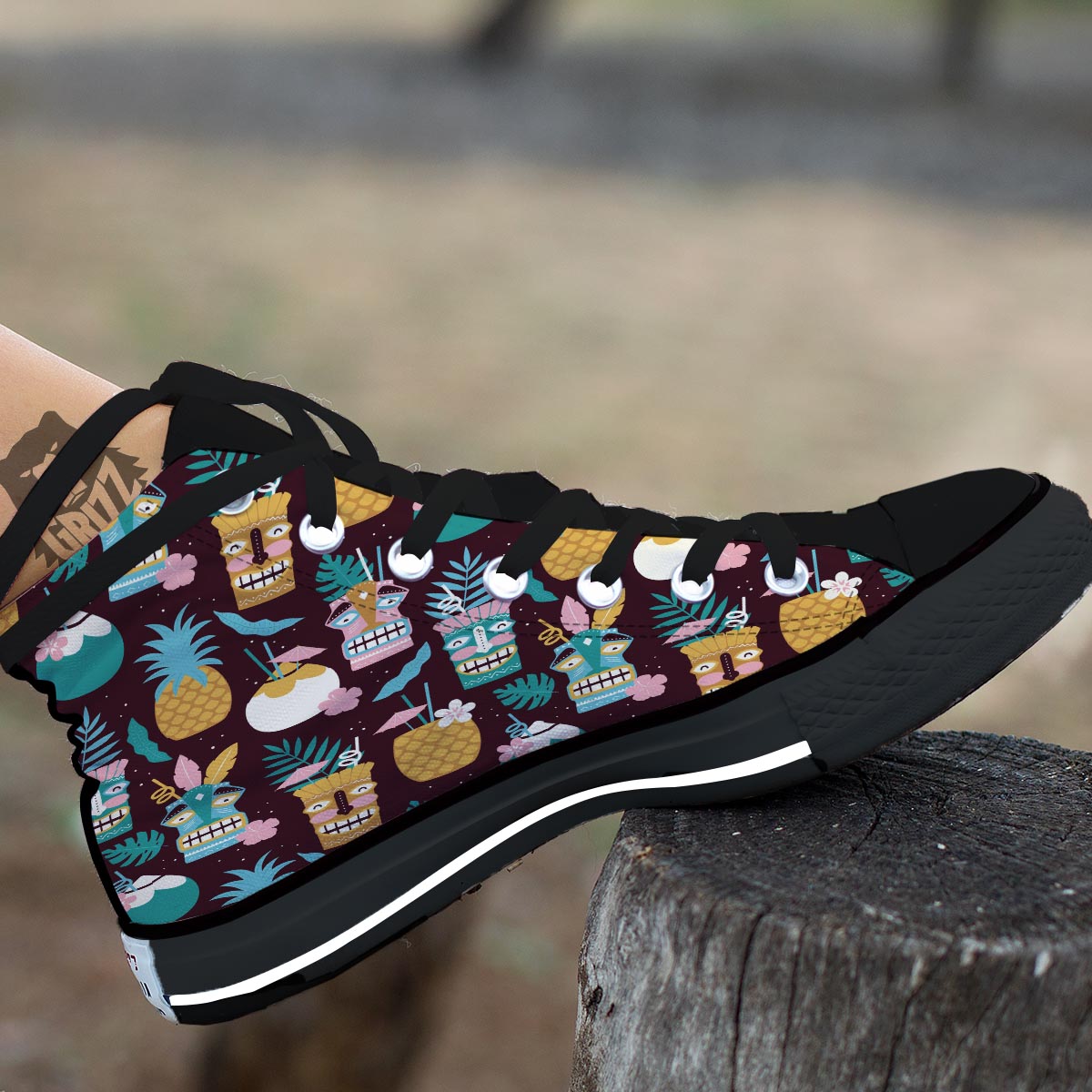 Luau Tiki Print Pattern Black High Top Shoes-grizzshop
